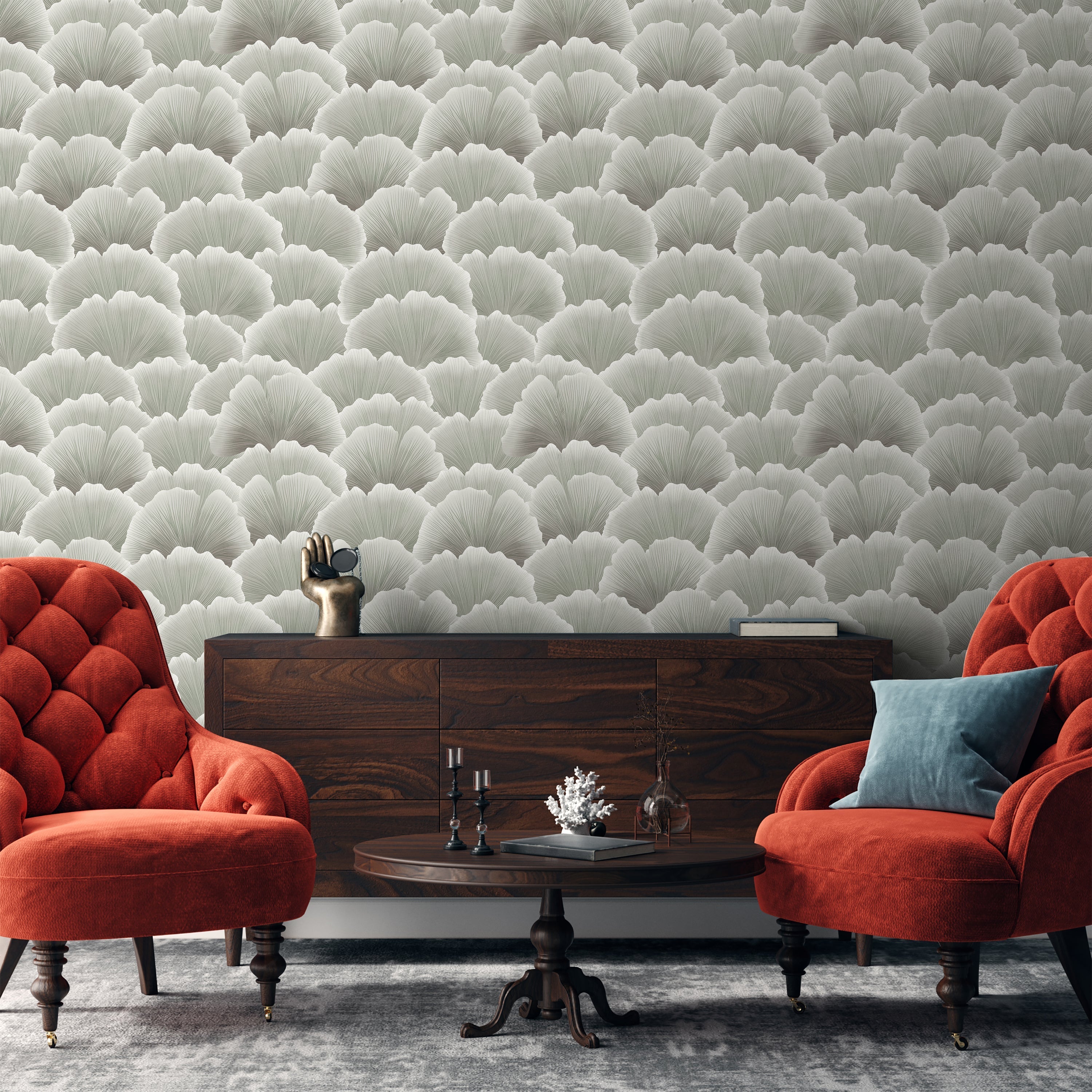 Ginkgo Waves Peel and Stick Wallpaper, Removable Wallpaper, Traditional Wallpaper - Ash Green | DeccoPrint