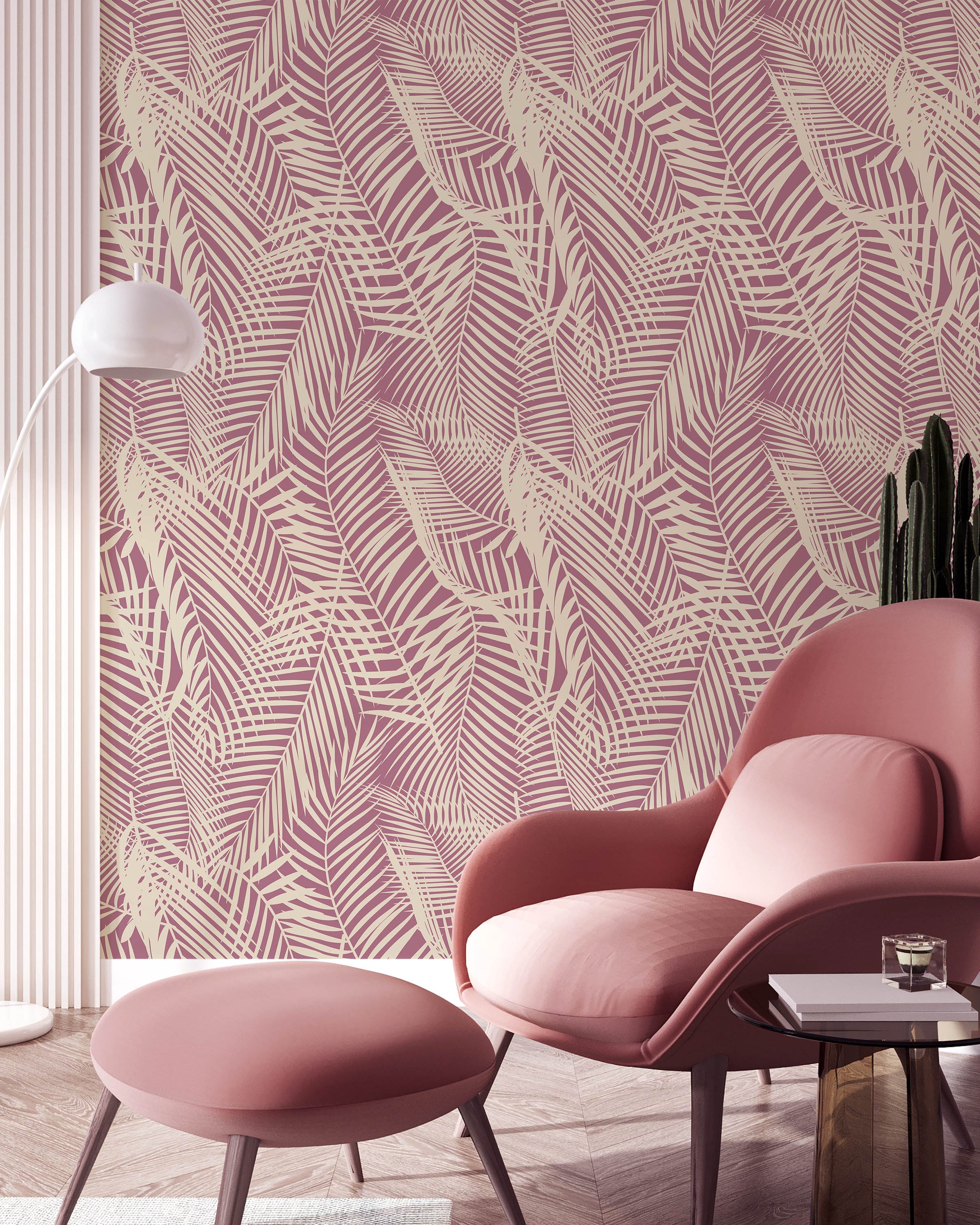 Palm Leaves Peel and Stick Wallpaper, Removable Wallpaper, Traditional Wallpaper - Pink | DeccoPrint