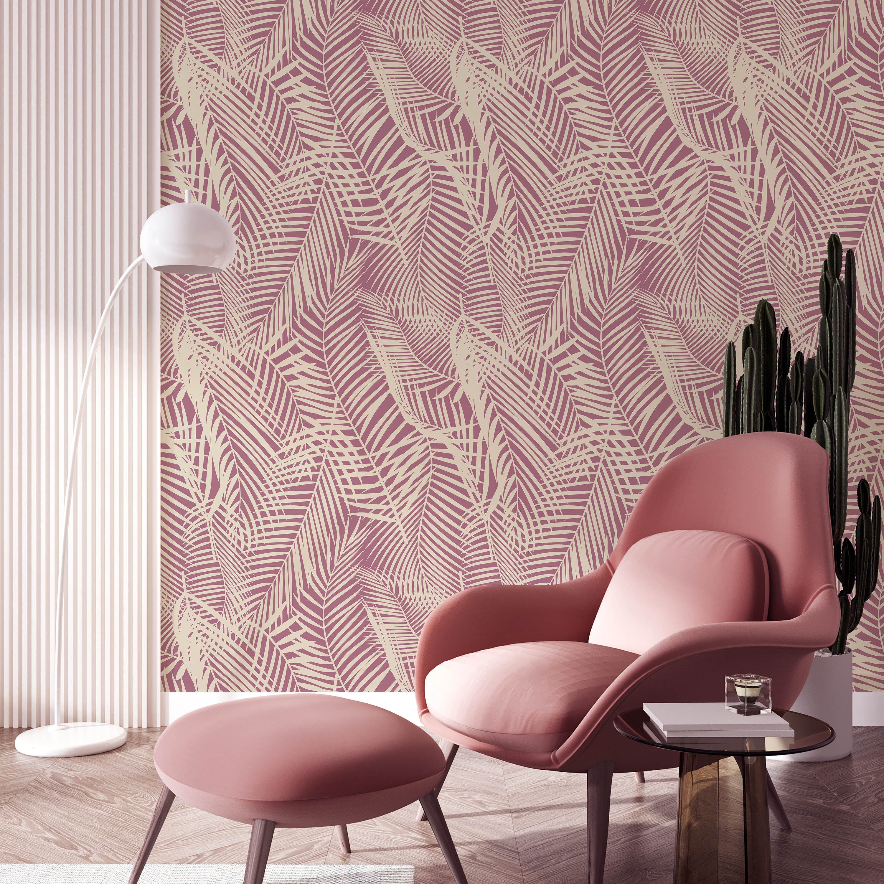 Palm Leaves Peel and Stick Wallpaper, Removable Wallpaper, Traditional Wallpaper - Pink | DeccoPrint