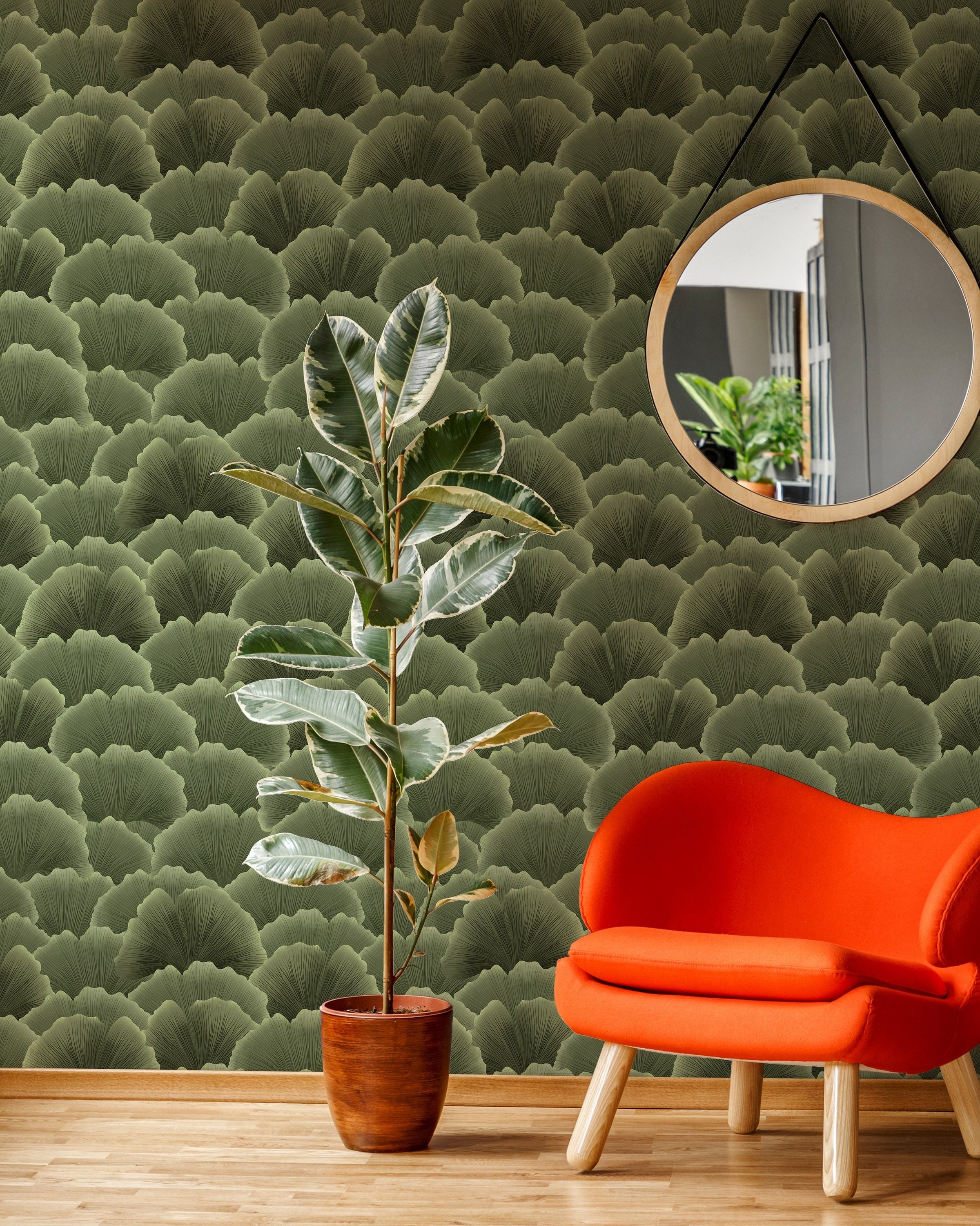 Ginkgo Waves Peel and Stick Wallpaper, Removable Wallpaper, Traditional Wallpaper - Green | DeccoPrint