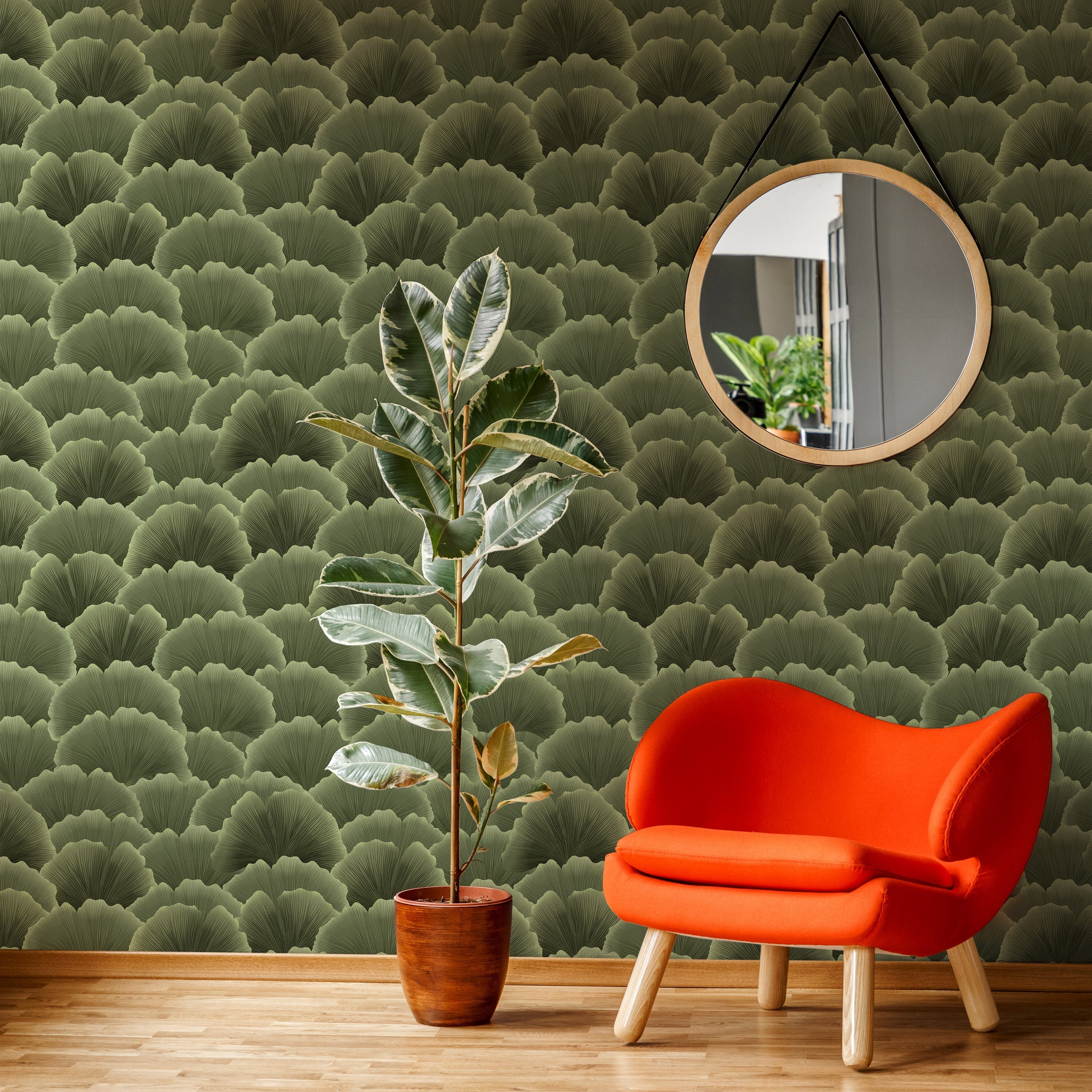 Ginkgo Waves Peel and Stick Wallpaper, Removable Wallpaper, Traditional Wallpaper - Green | DeccoPrint