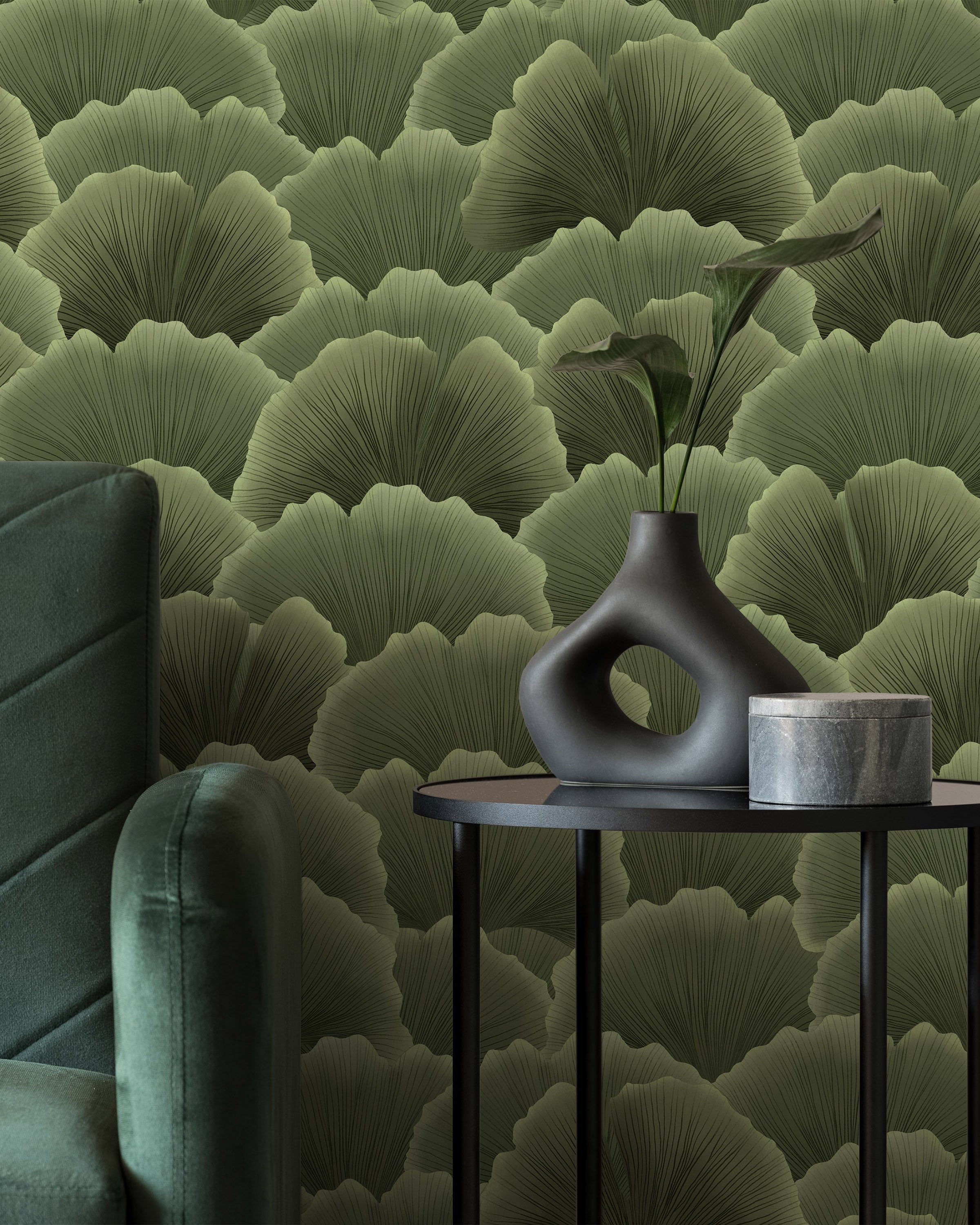 Ginkgo Waves Peel and Stick Wallpaper, Removable Wallpaper, Traditional Wallpaper - Green | DeccoPrint