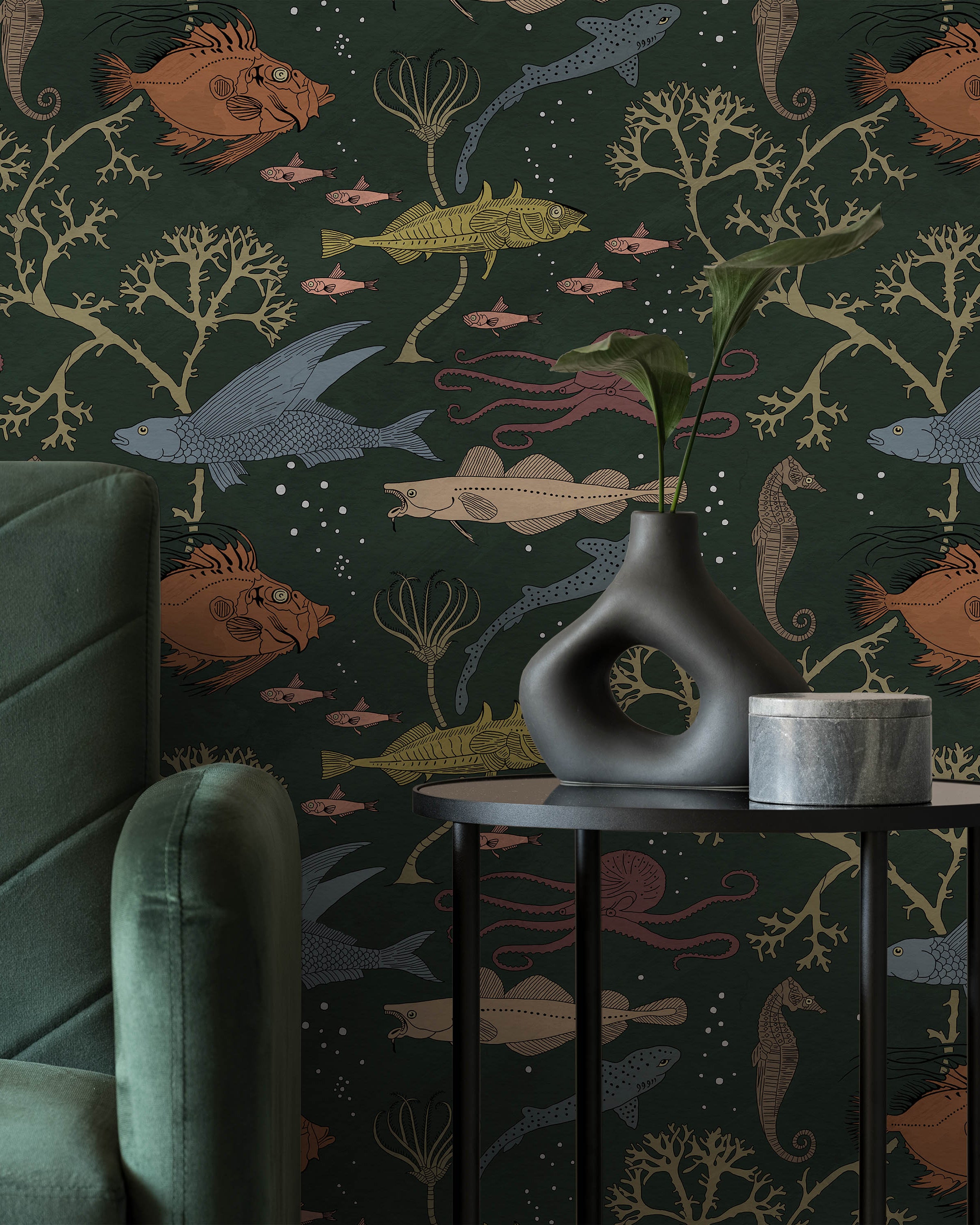 Maurice Pillard Verneuil x Sea Creatures Peel and Stick Wallpaper, Removable Wallpaper, Traditional Wallpaper - Dark Green | DeccoPrint