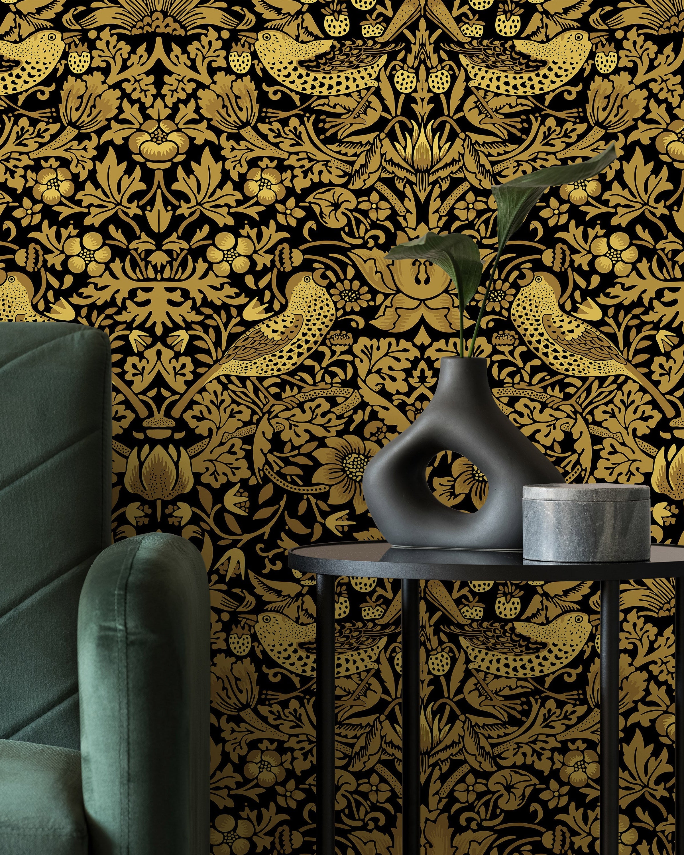 William Morris X Strawberry Thief Peel and Stick Wallpaper, Removable Wallpaper, Traditional Wallpaper - Gold | DeccoPrint