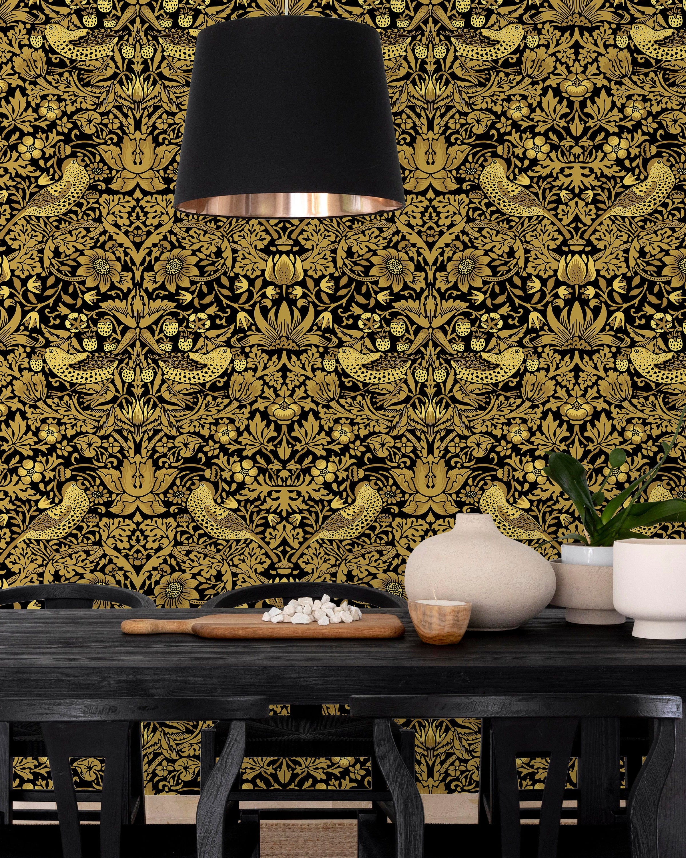 William Morris X Strawberry Thief Peel and Stick Wallpaper, Removable Wallpaper, Traditional Wallpaper - Gold | DeccoPrint