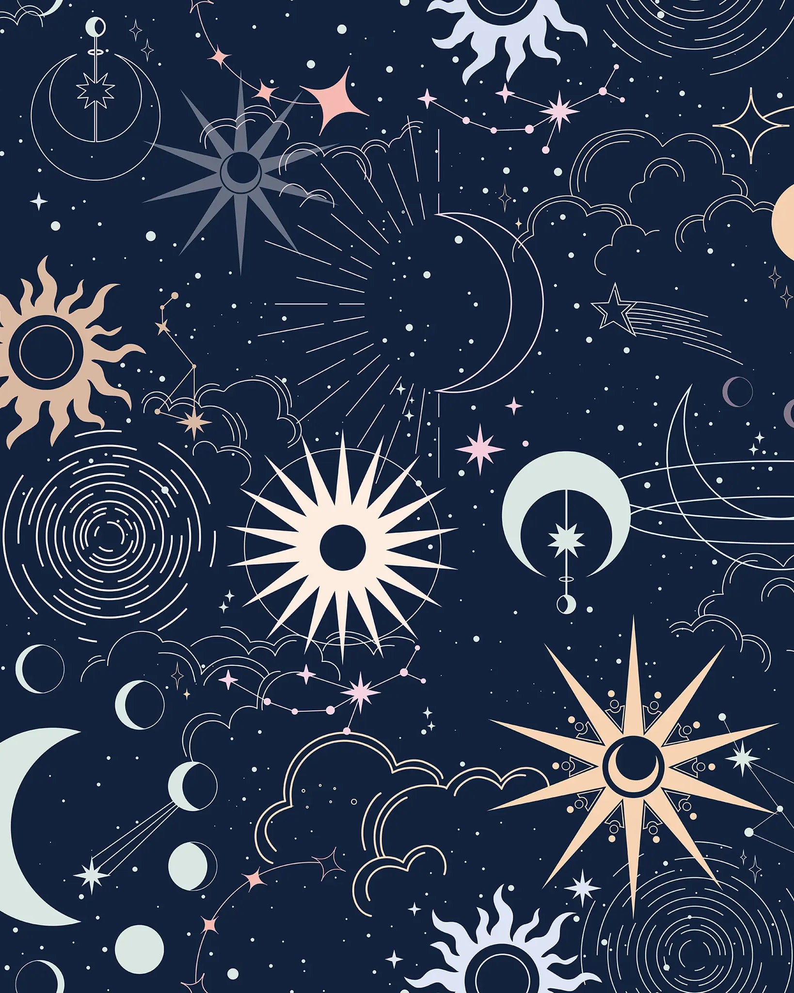 celestial pattern with stars, moons, and suns on a dark blue background
