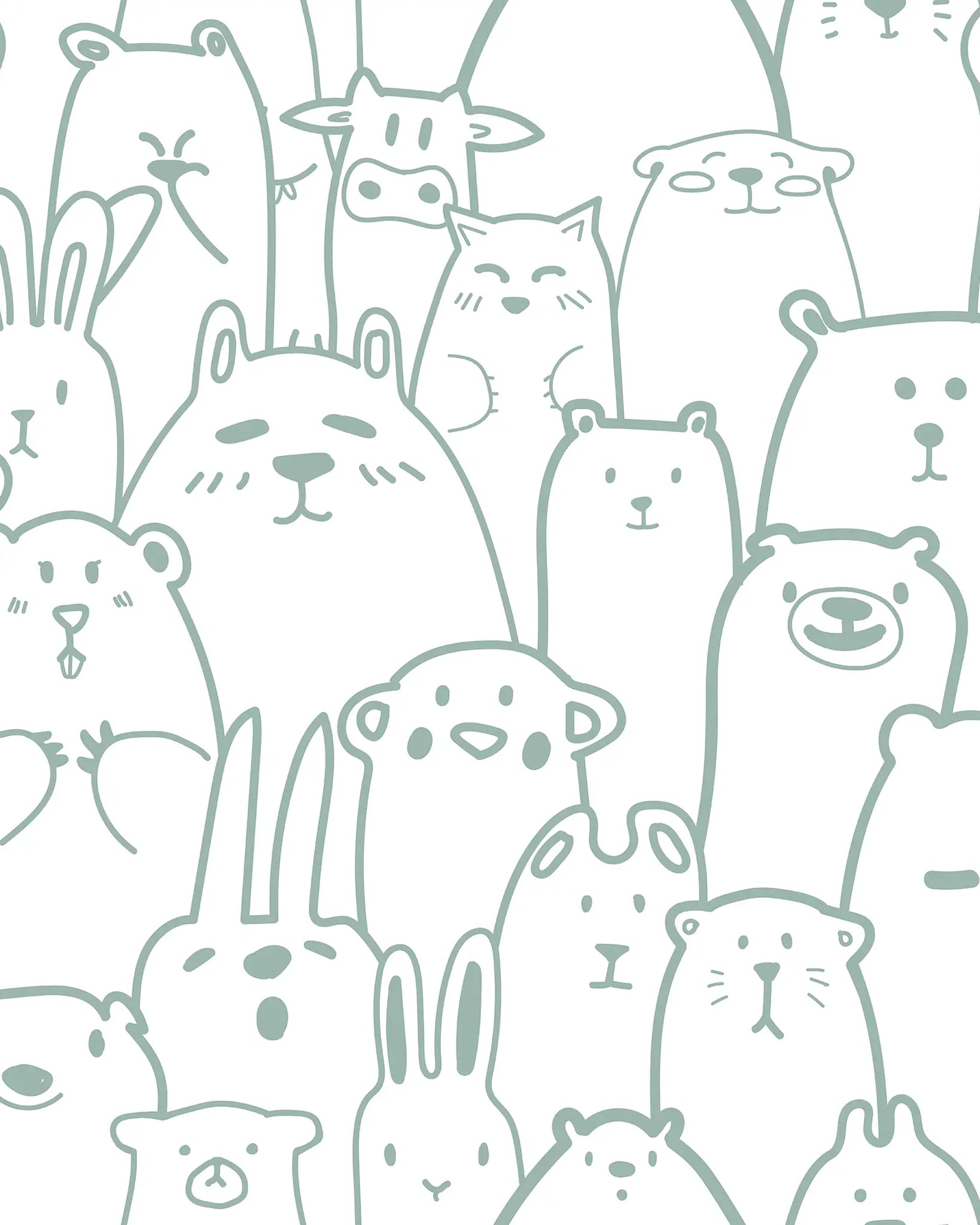 dense, whimsical collection of cute, minimally drawn teal animals