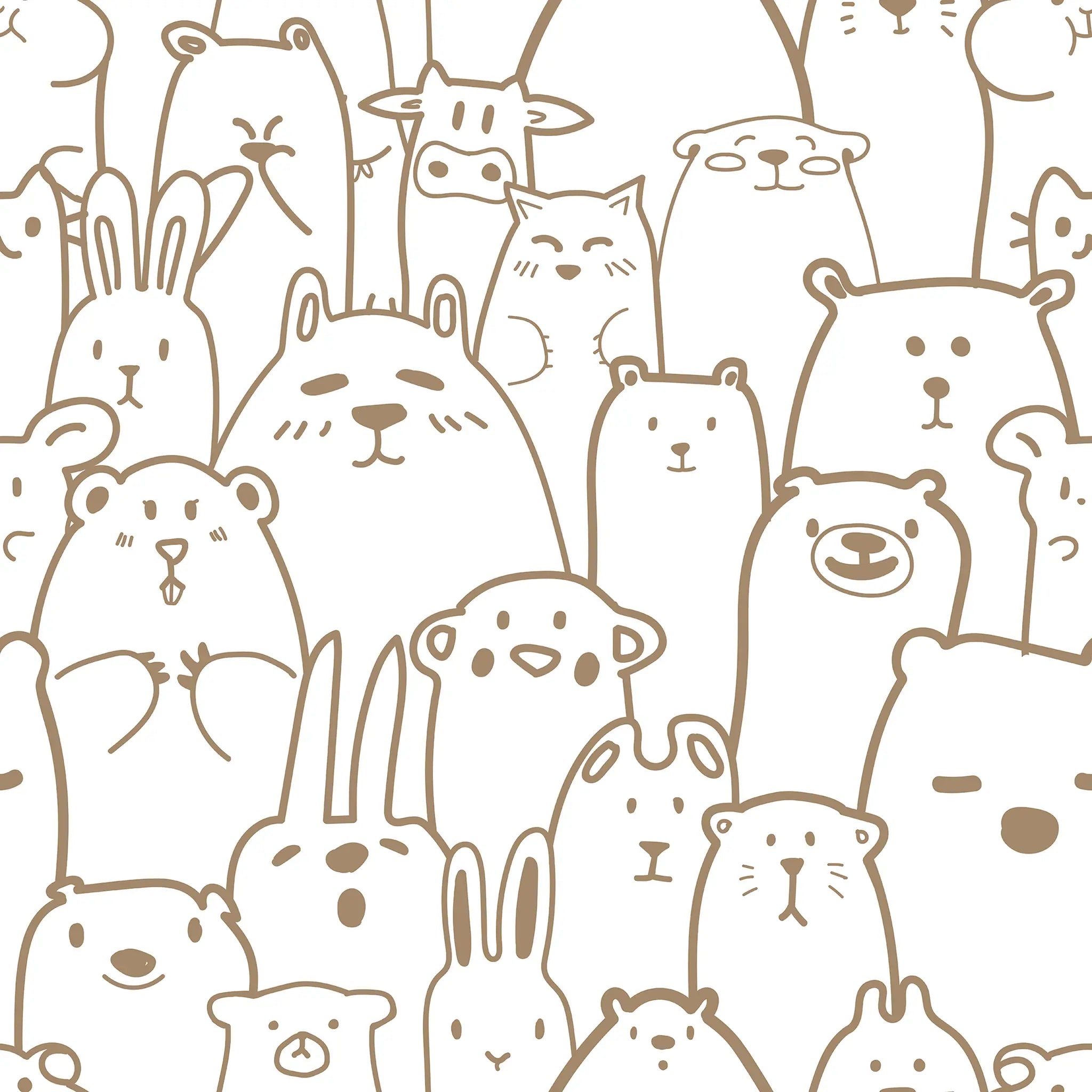 brown, cute, minimalist line-art animals in a dense, playful pattern