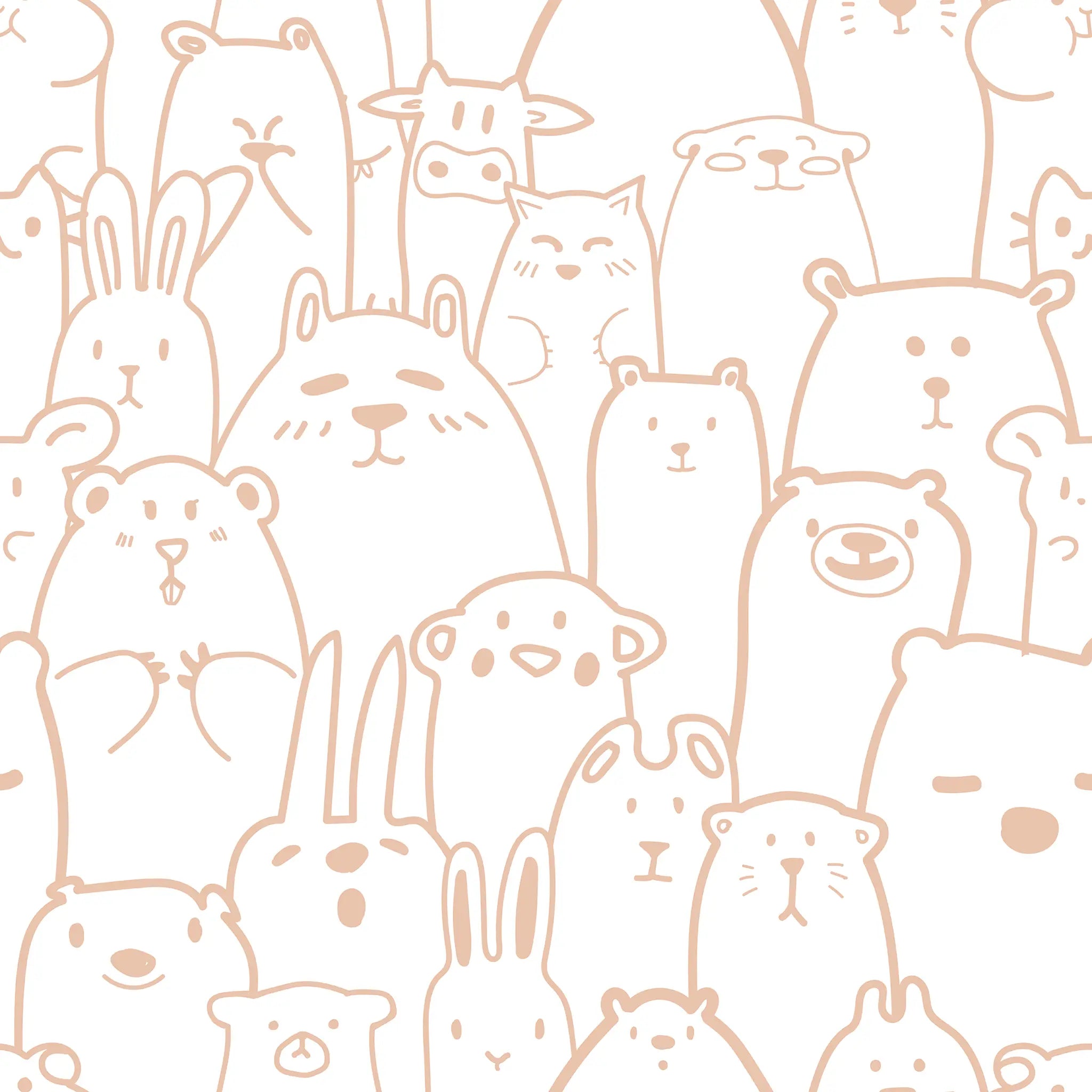 Pattern of cute animal illustrations in rose gold on a white background