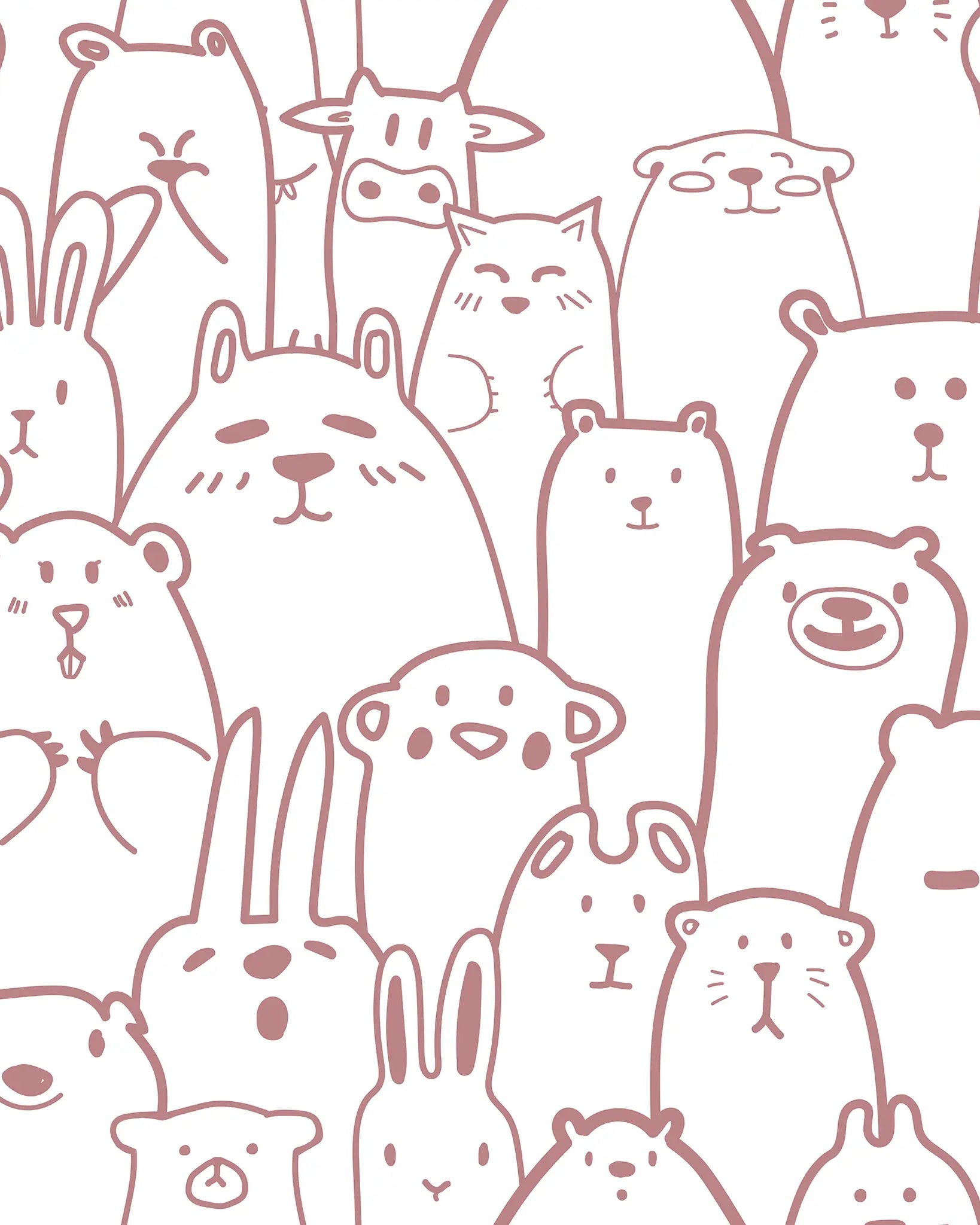 dark pink line-art animals in a cute, crowded pattern