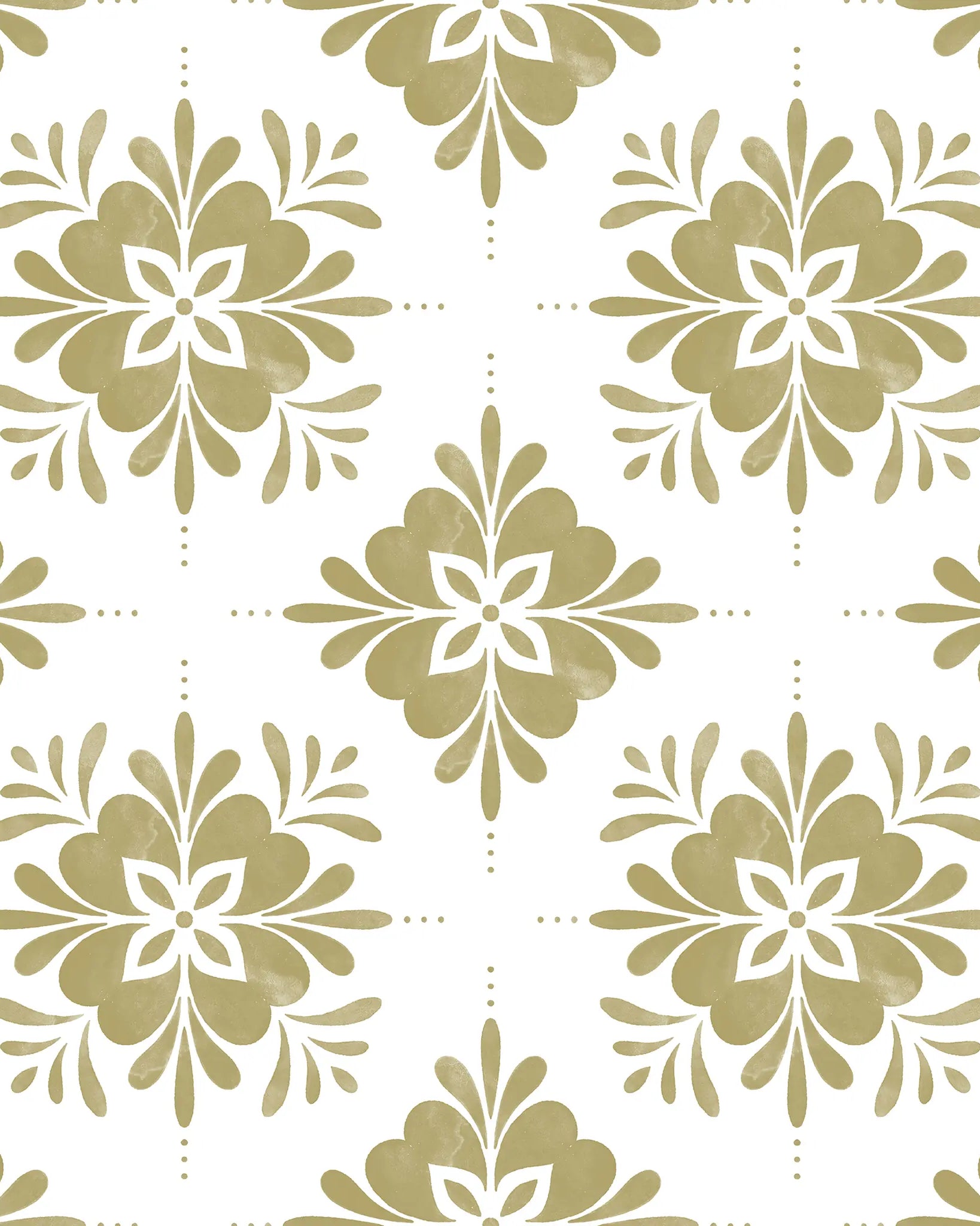 Pattern of gold floral designs on a white background