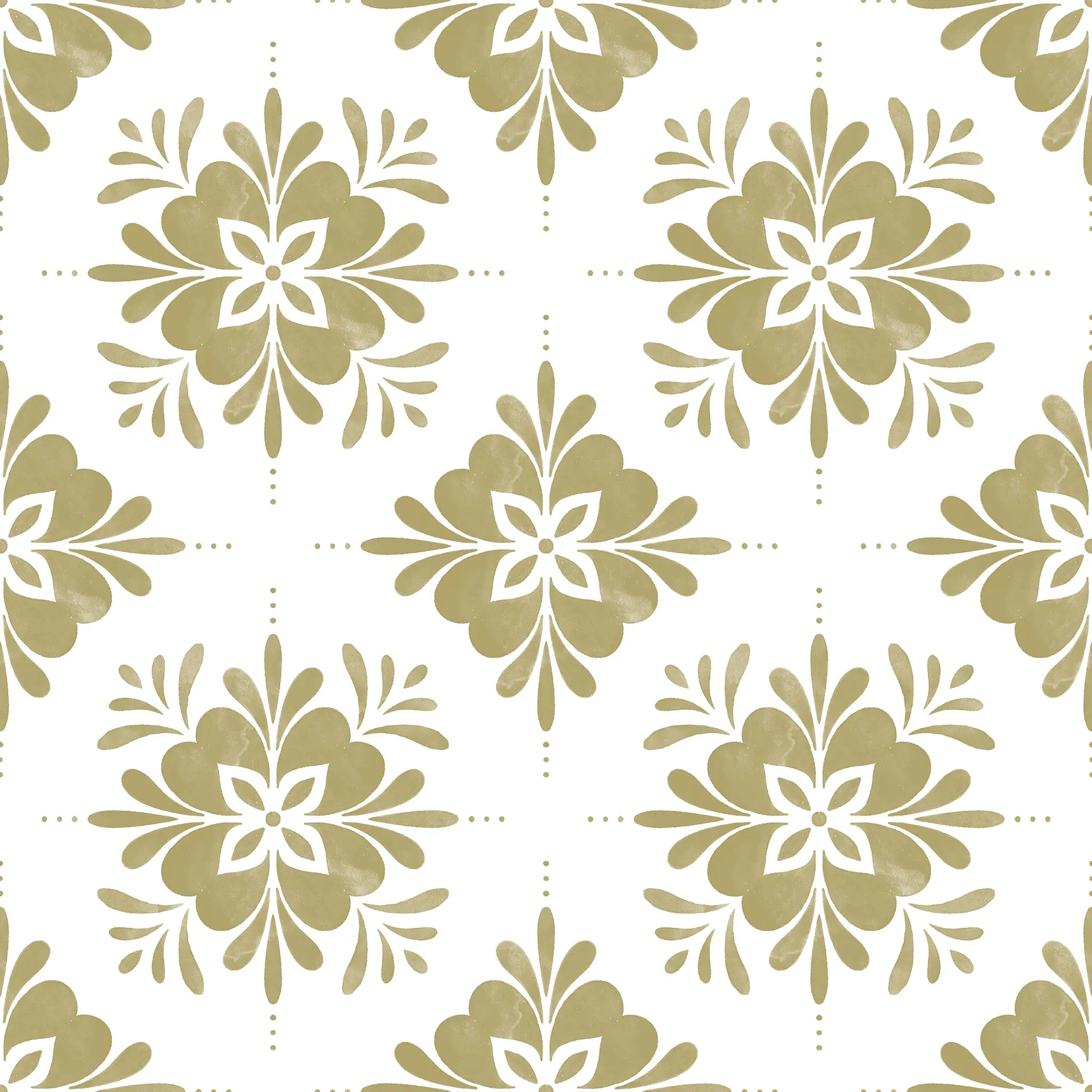 Pattern of gold floral designs on a white background