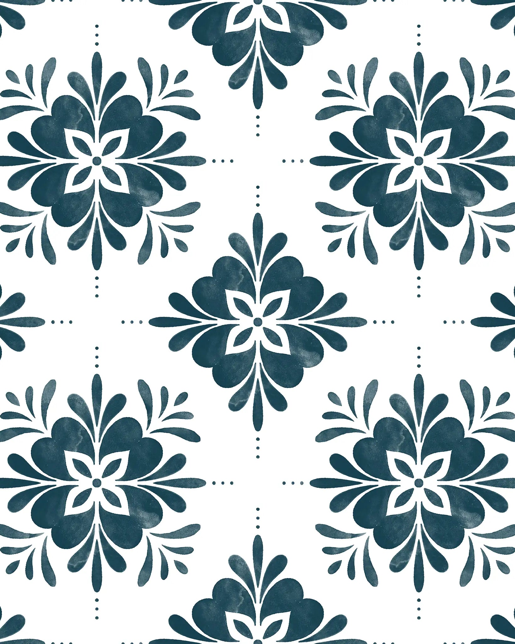 Pattern of blue floral designs on a white background