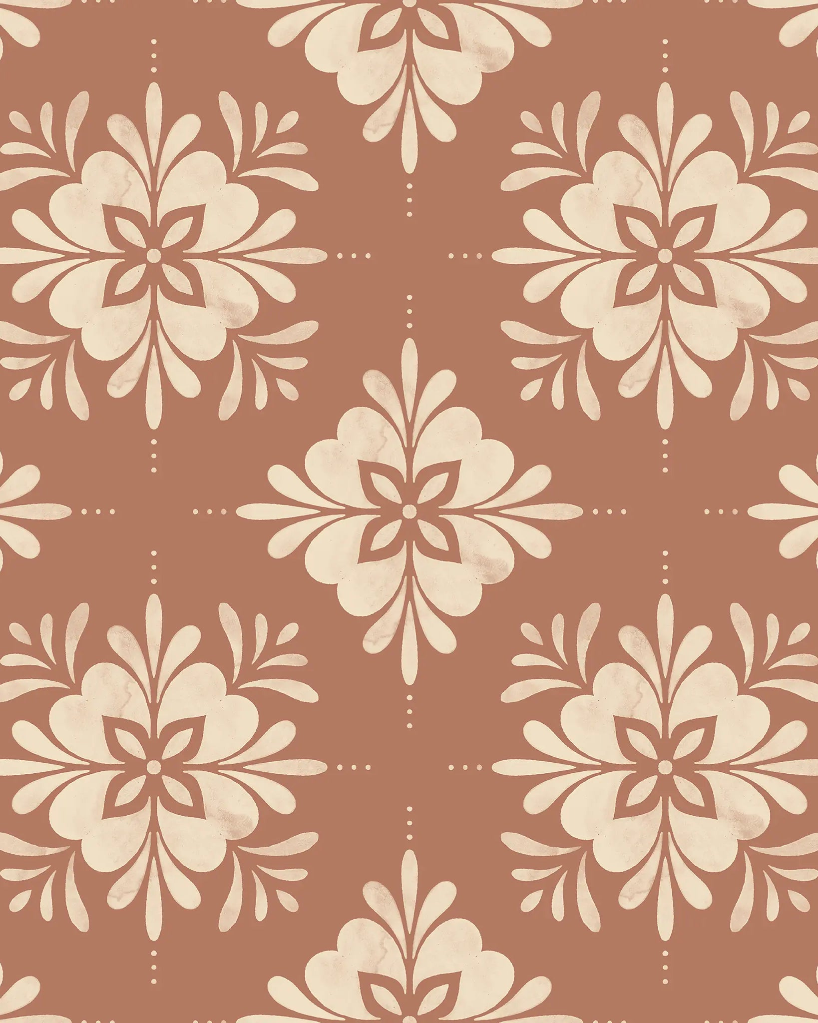 Pattern of beige floral shapes on a brown background