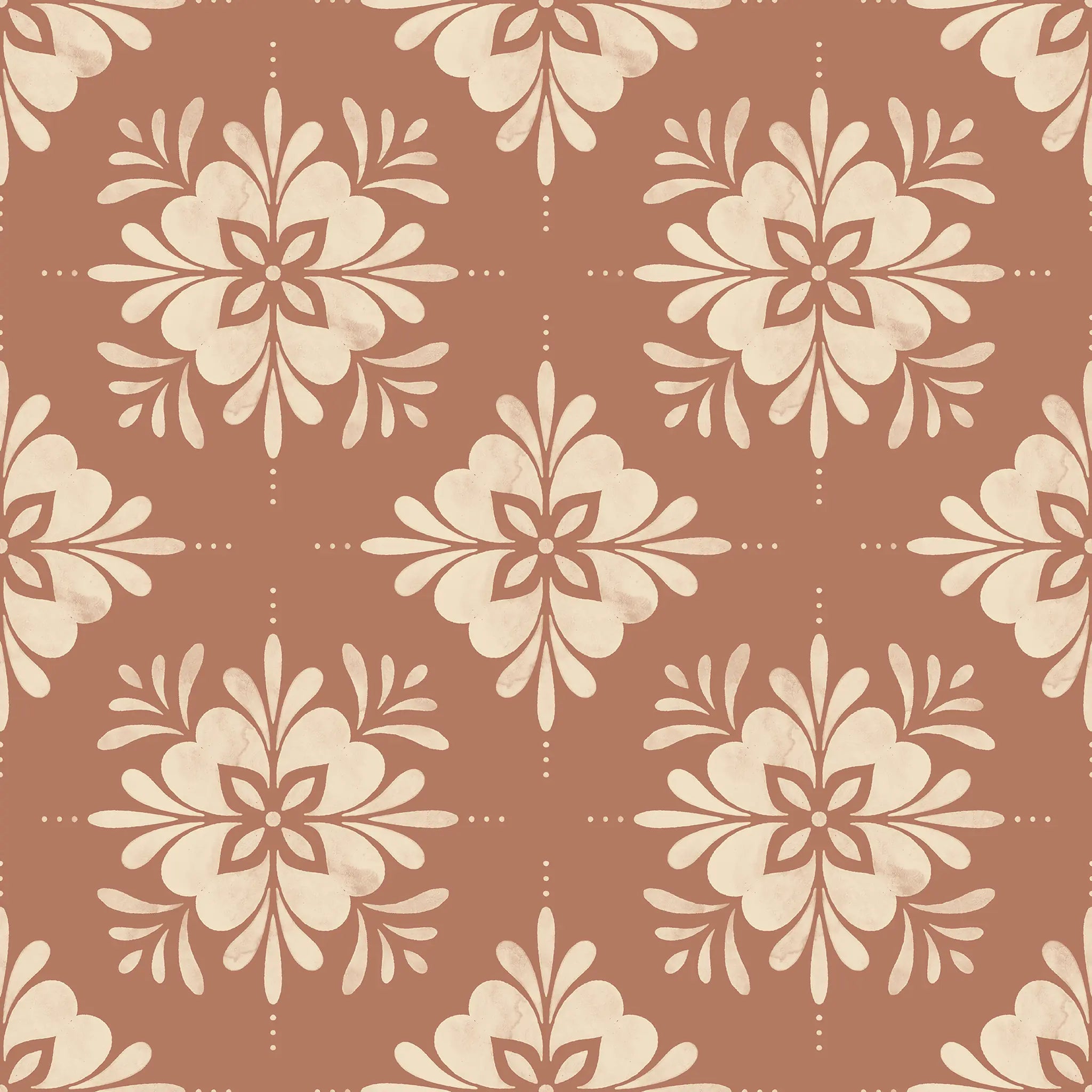 Pattern of beige floral shapes on a brown background