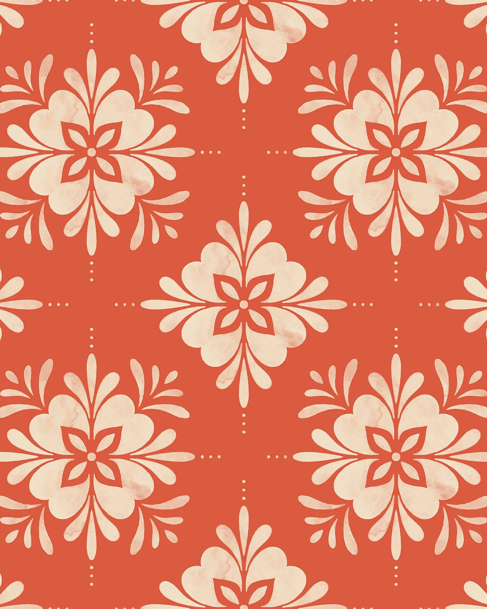 Pattern of beige floral shapes on a orange background