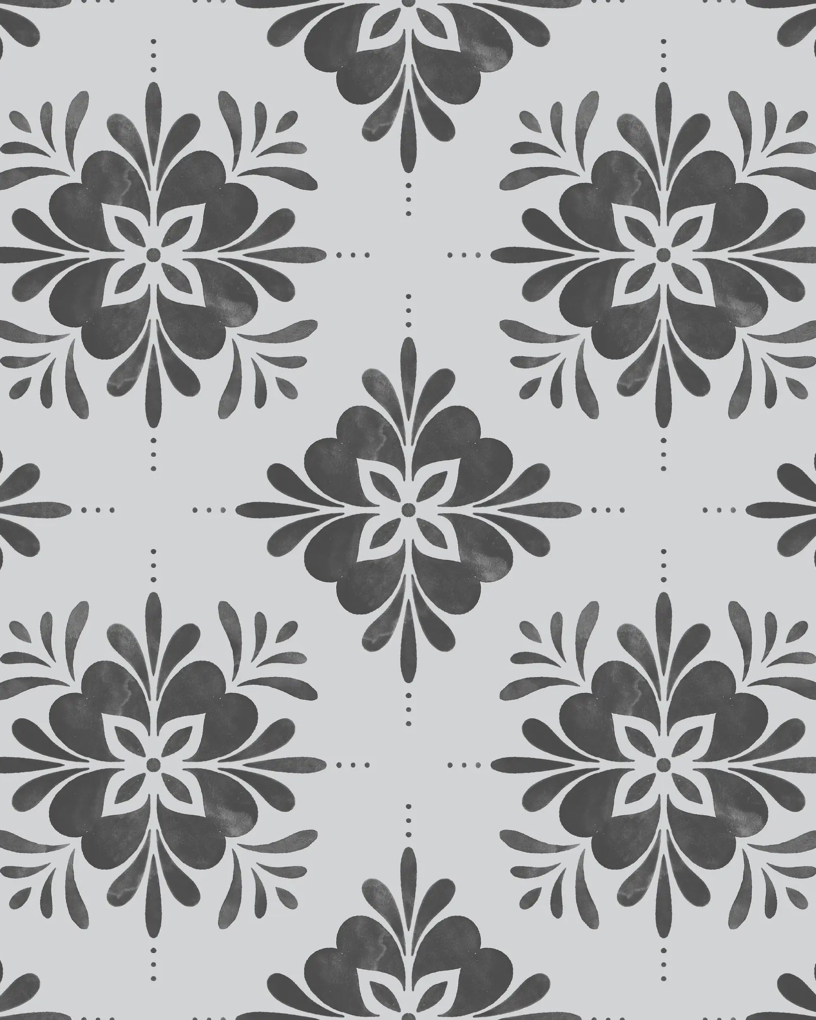 Pattern of dark dray floral designs on a light gray background