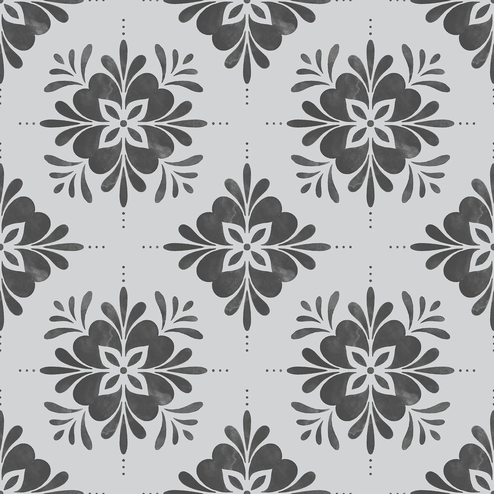 Pattern of dark dray floral designs on a light gray background