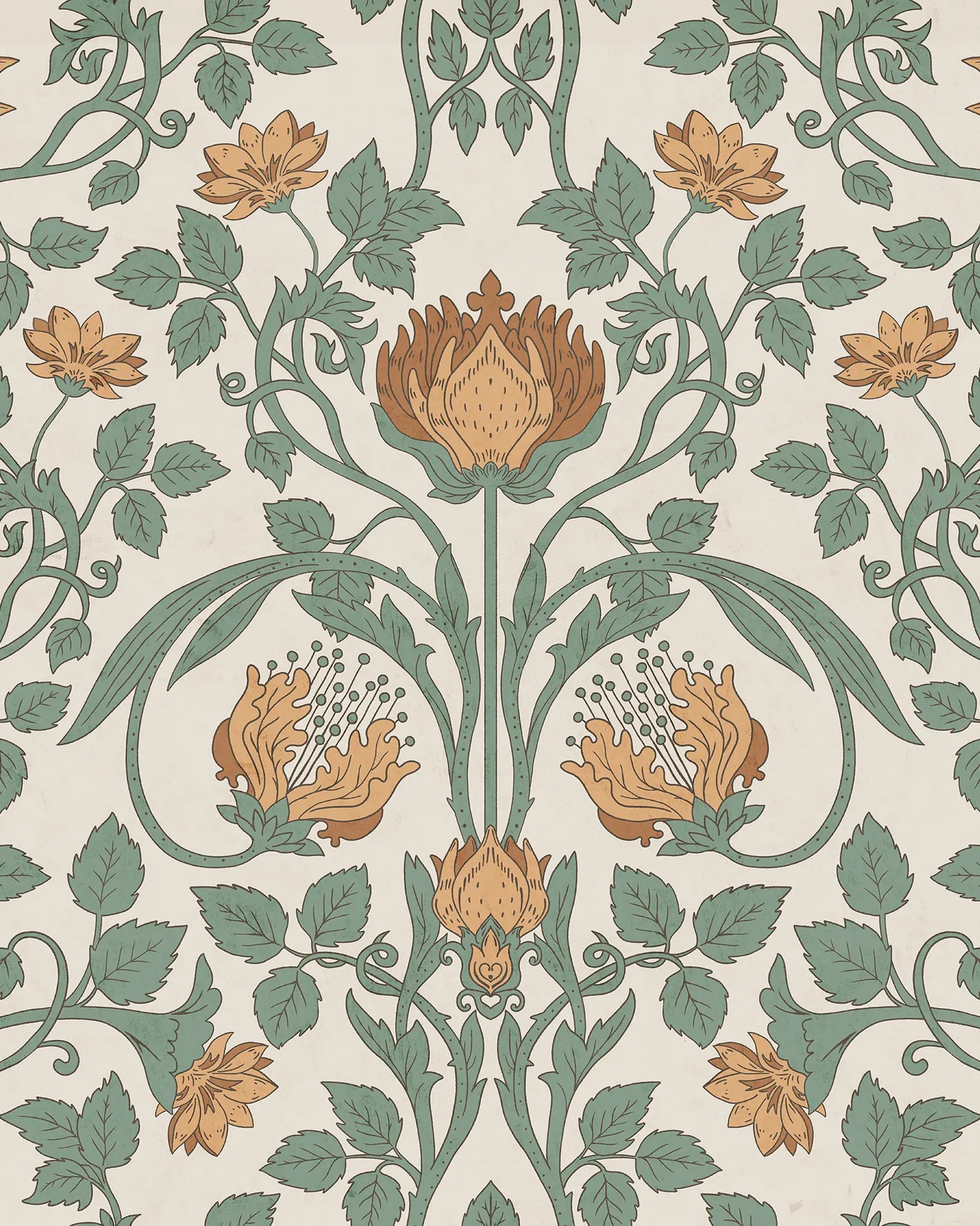 Decorative floral pattern with brown and green flowers on a beige background