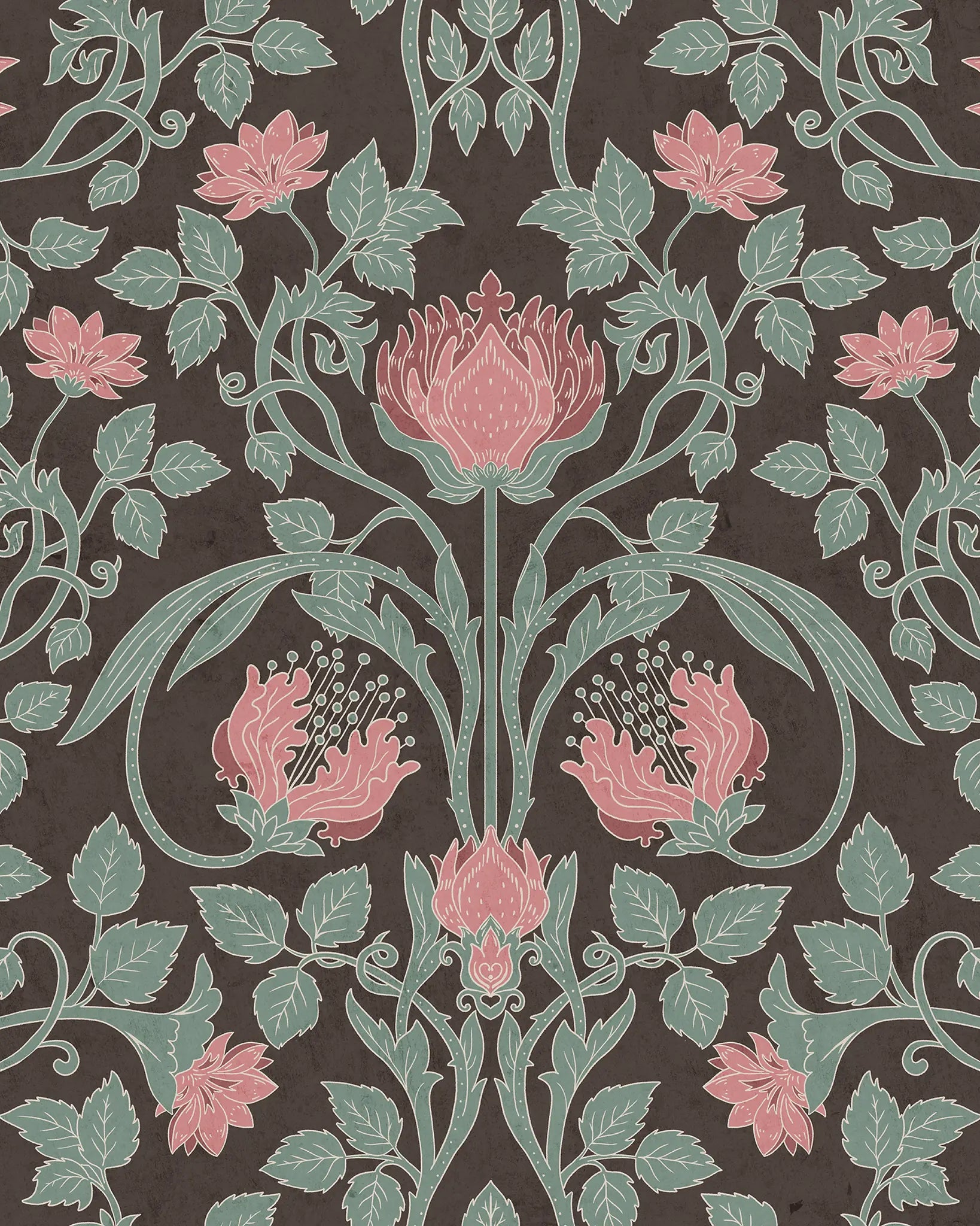 Floral pattern with pink flowers and green leaves on a dark background