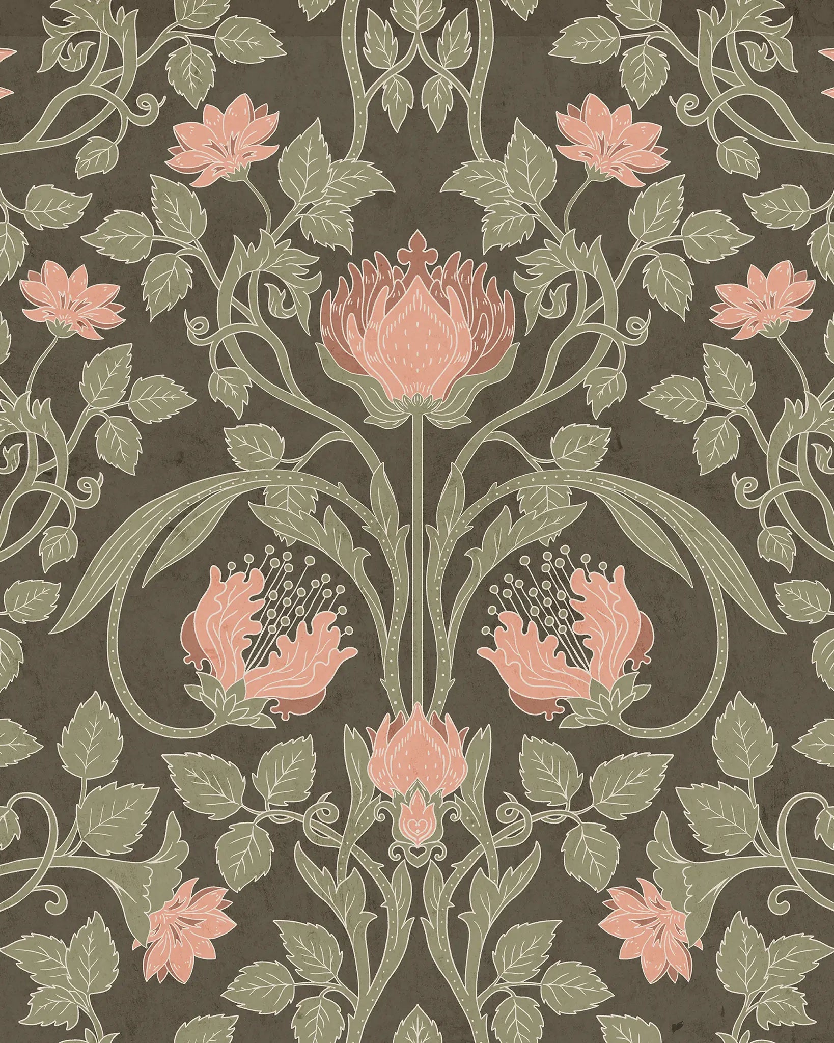 Floral pattern with pink flowers and green leaves on a brown background