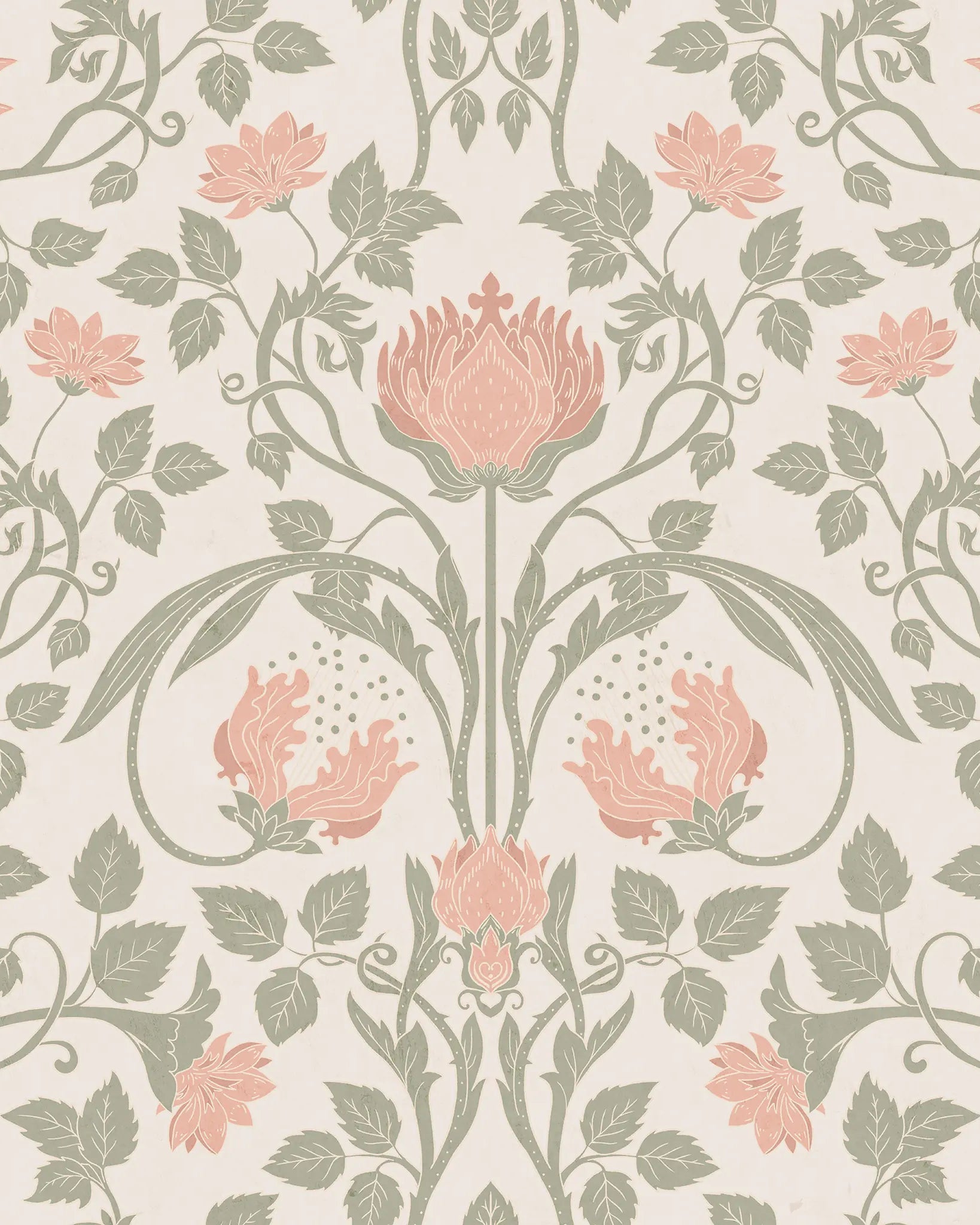 Floral pattern with pink flowers and green leaves on a light background