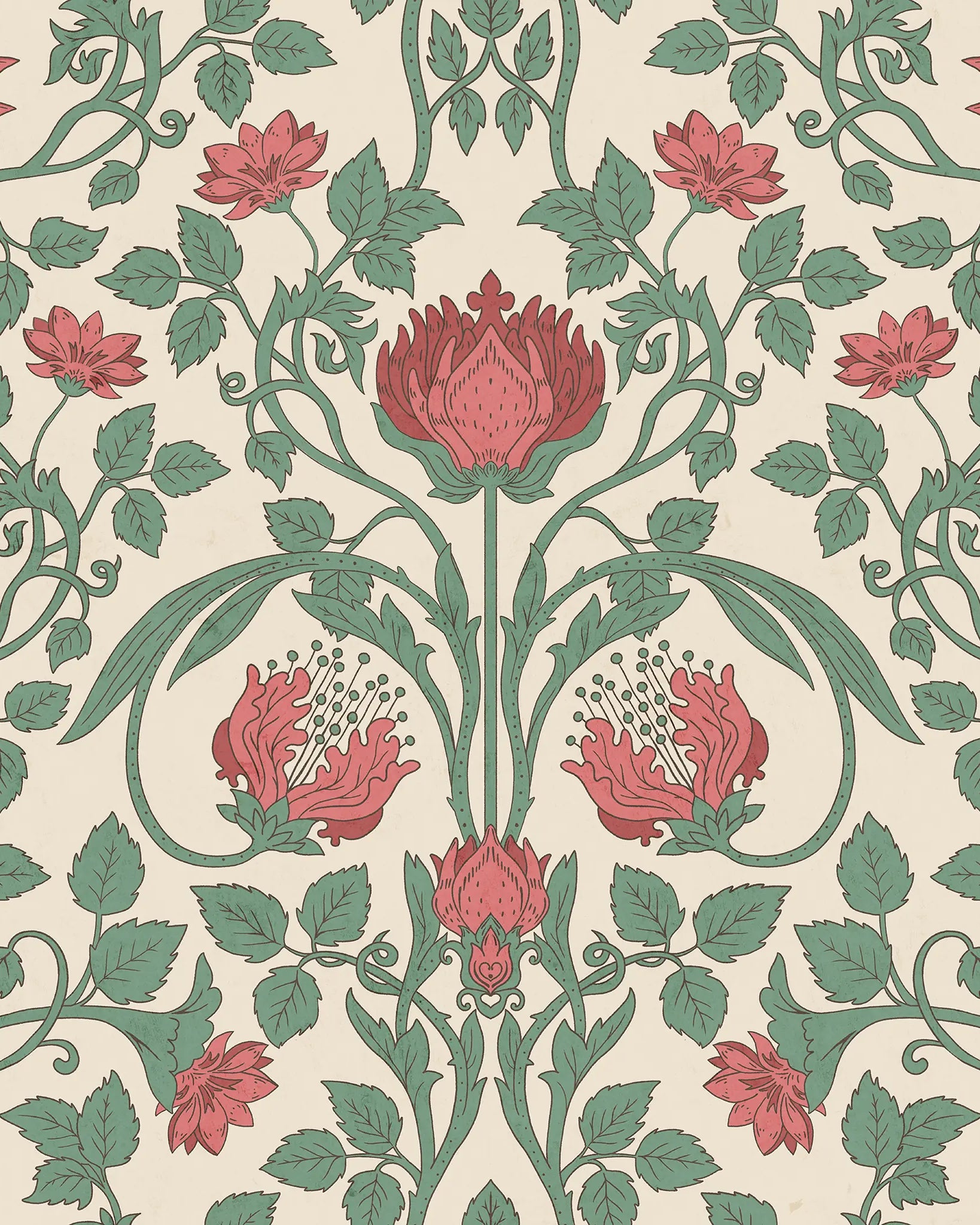 Decorative floral pattern with red and green flowers on a beige background
