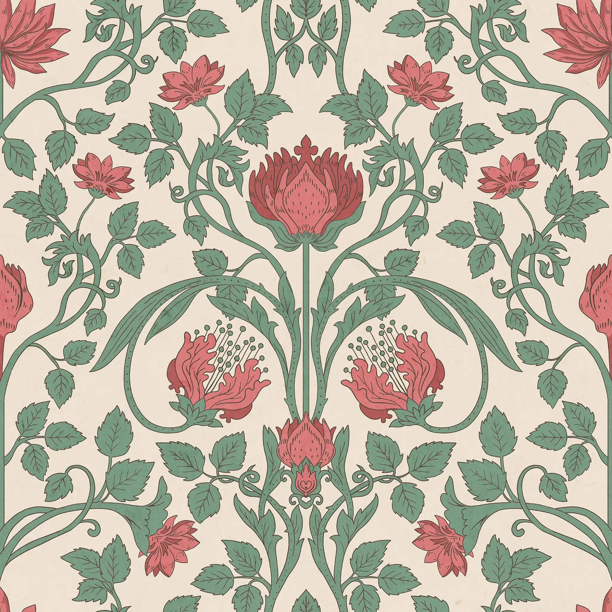 Decorative floral pattern with red and green flowers on a beige background