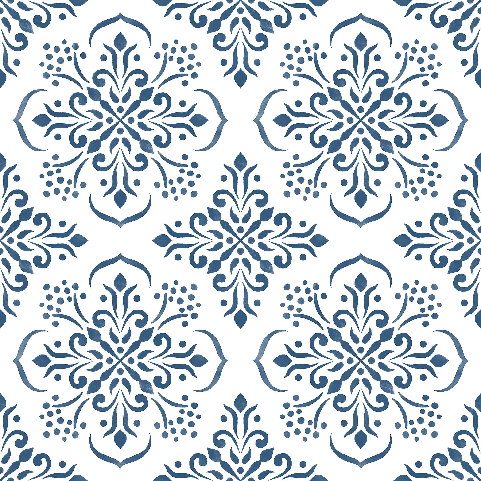 Decorative pattern of blue snowflakes on a white background