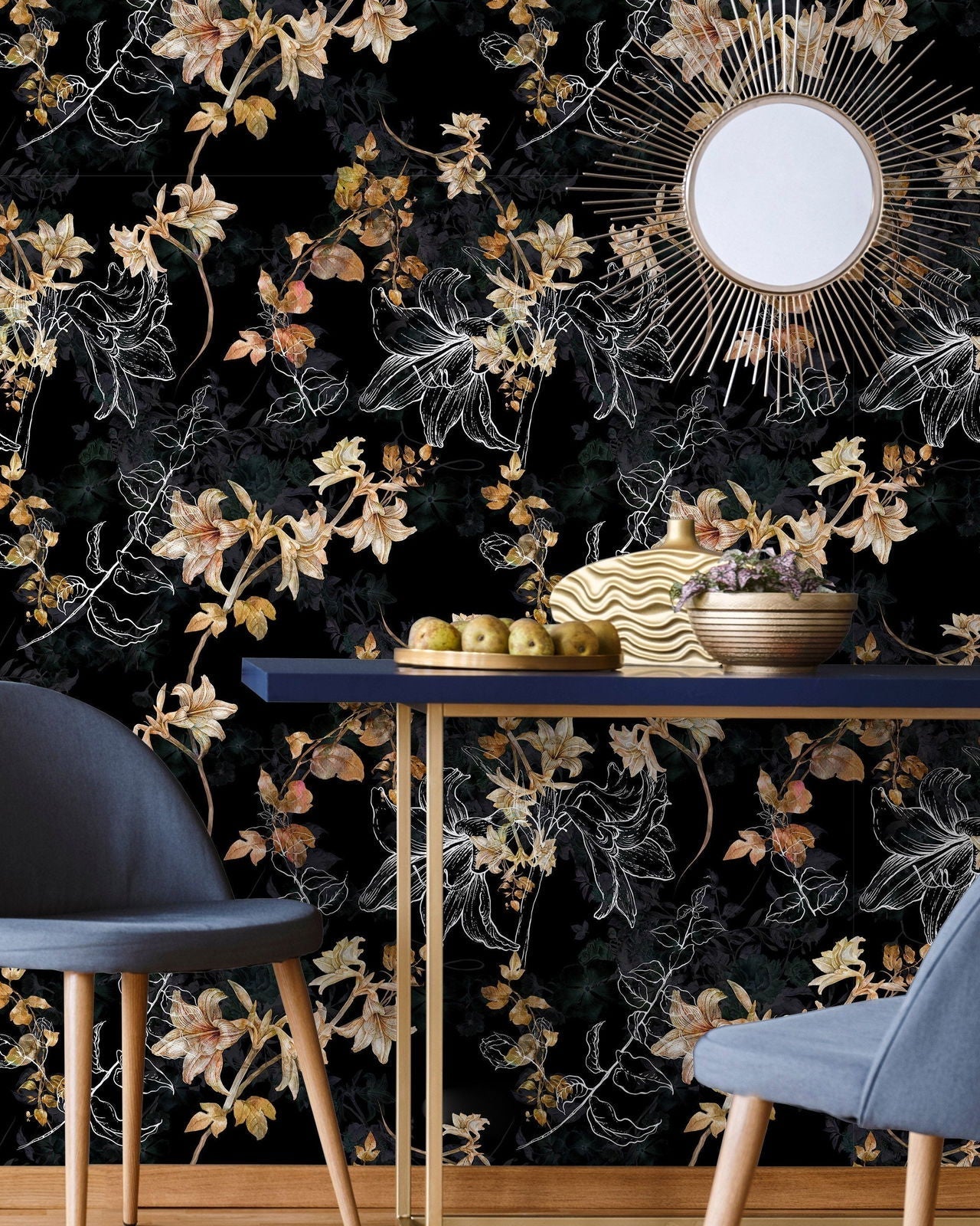 Autumn Floral Peel and Stick Wallpaper, Removable Wallpaper, Traditional Wallpaper | DeccoPrint