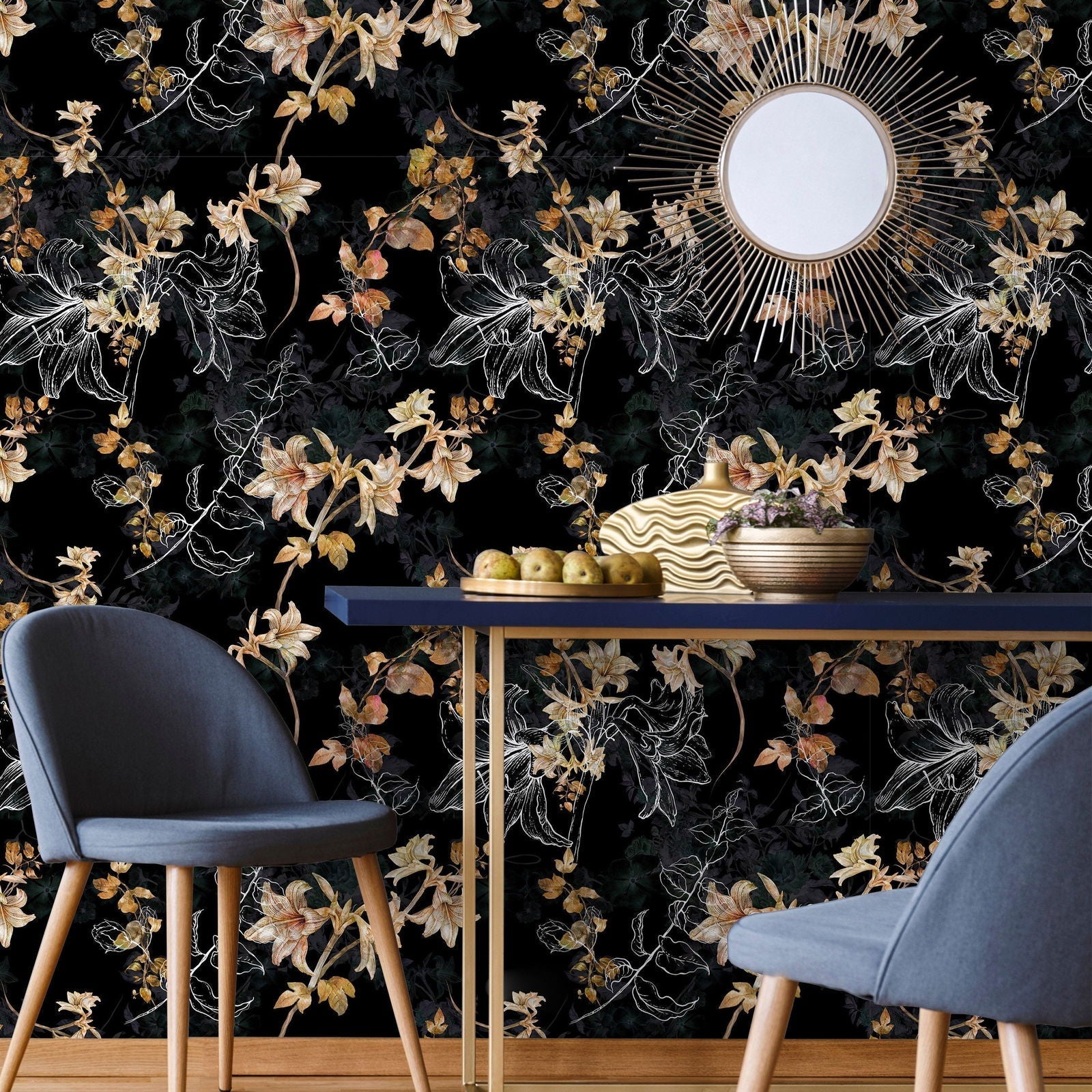 Autumn Floral Peel and Stick Wallpaper, Removable Wallpaper, Traditional Wallpaper | DeccoPrint
