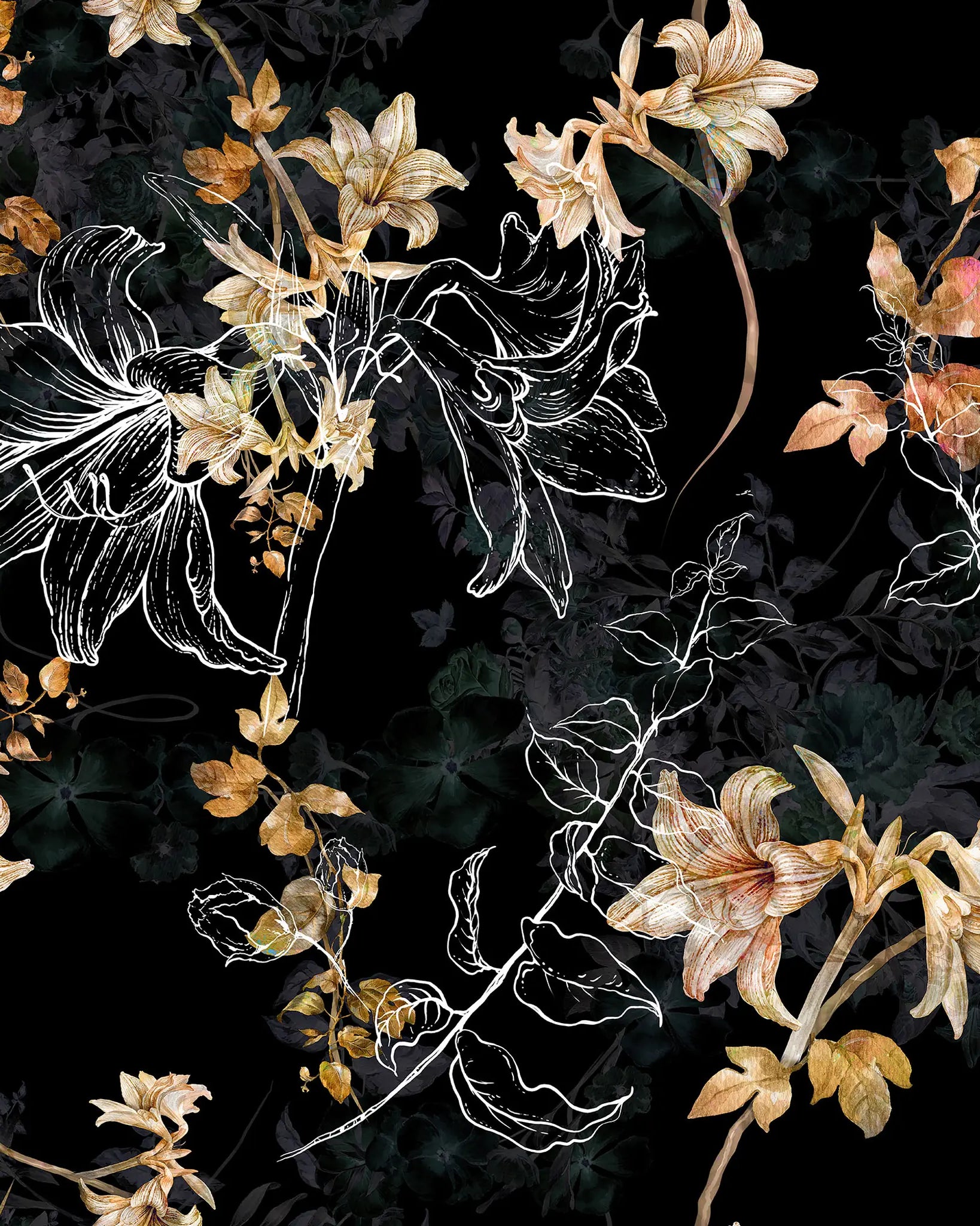 Floral pattern with white, beige, and brown flowers on a black background