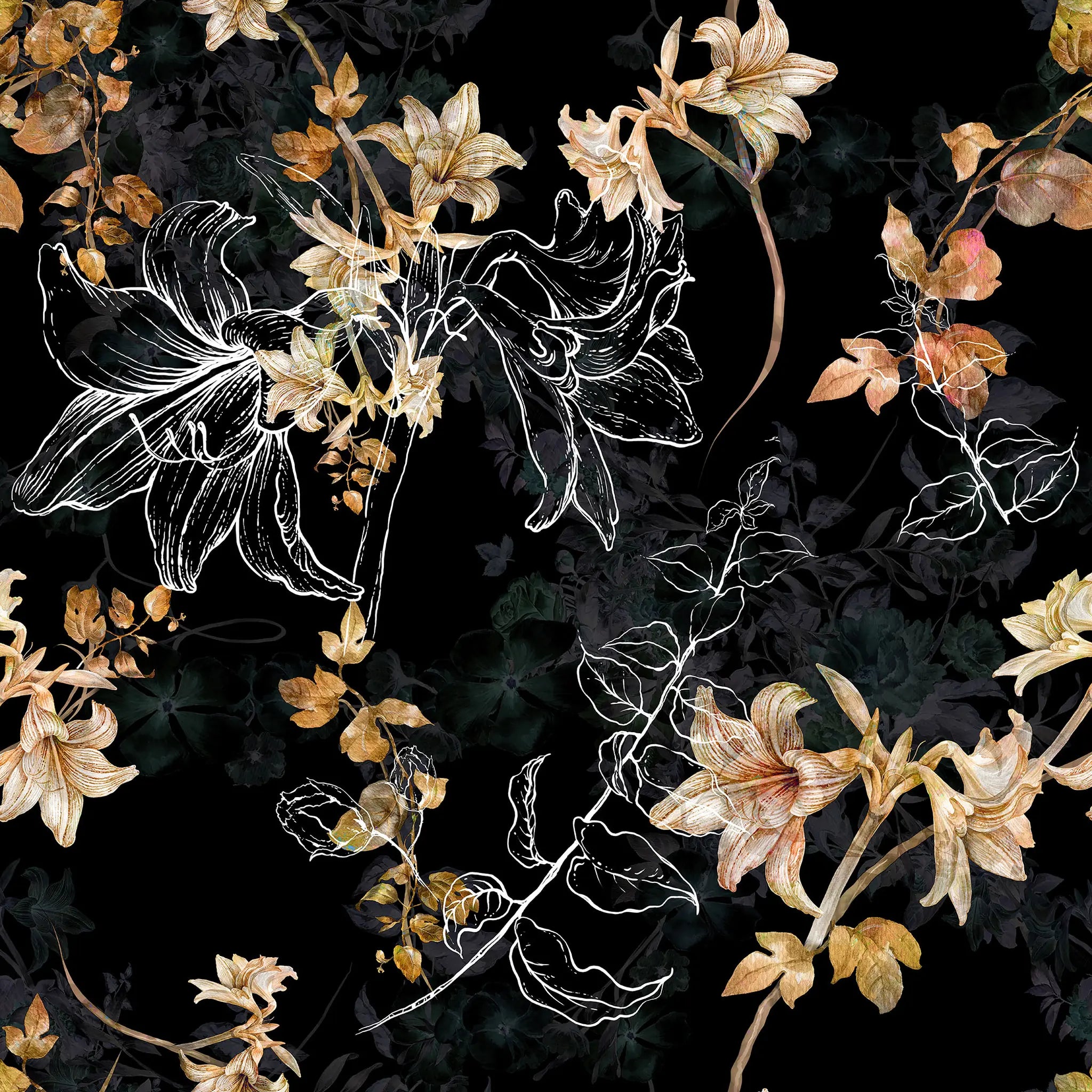 Floral pattern with white, beige, and brown flowers on a black background