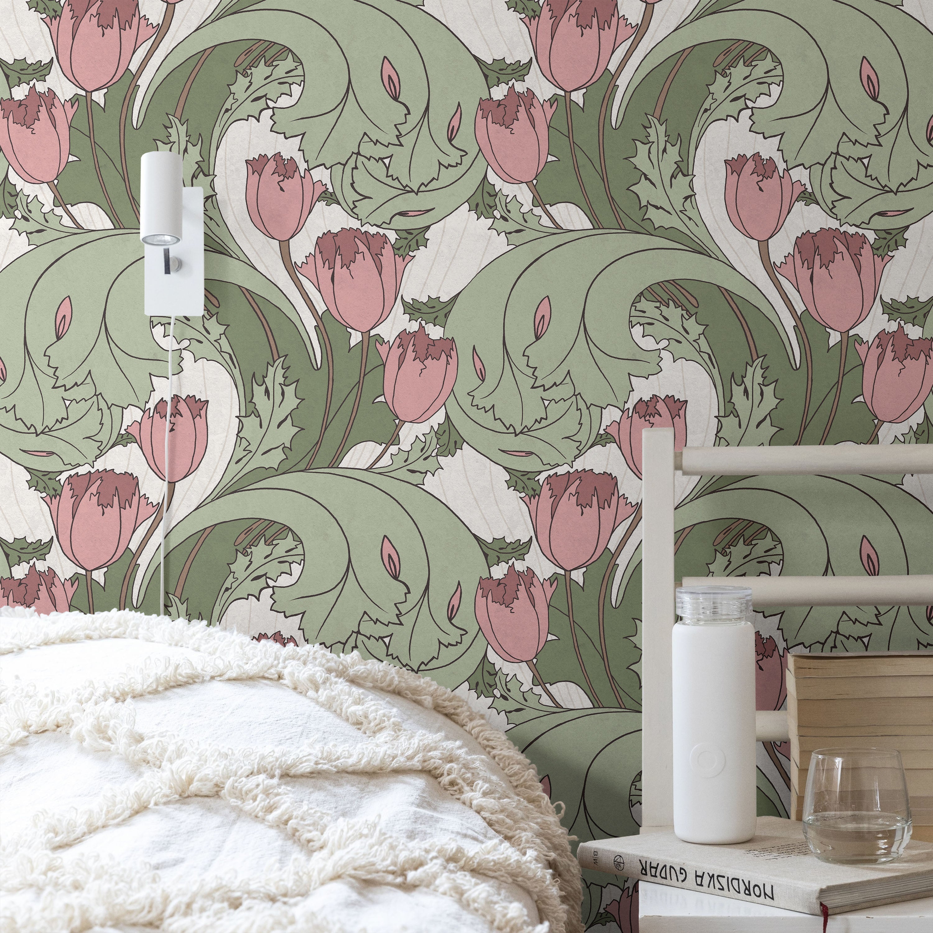 C.F.A. Voysey x Tulips Peel and Stick Wallpaper, Removable Wallpaper, Traditional Wallpaper - Cranberry Pink | DeccoPrint