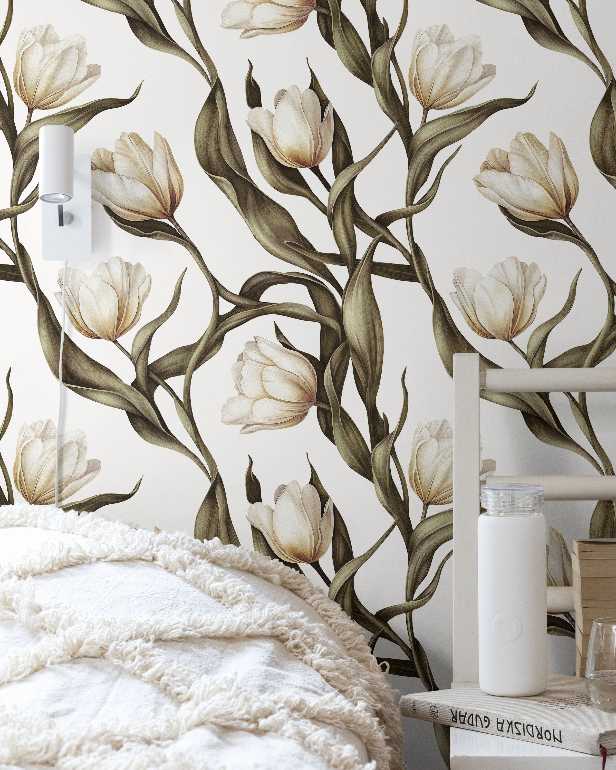 Spring Tulips Peel and Stick Wallpaper, Removable Wallpaper, Traditional Wallpaper - Ivory White | DeccoPrint