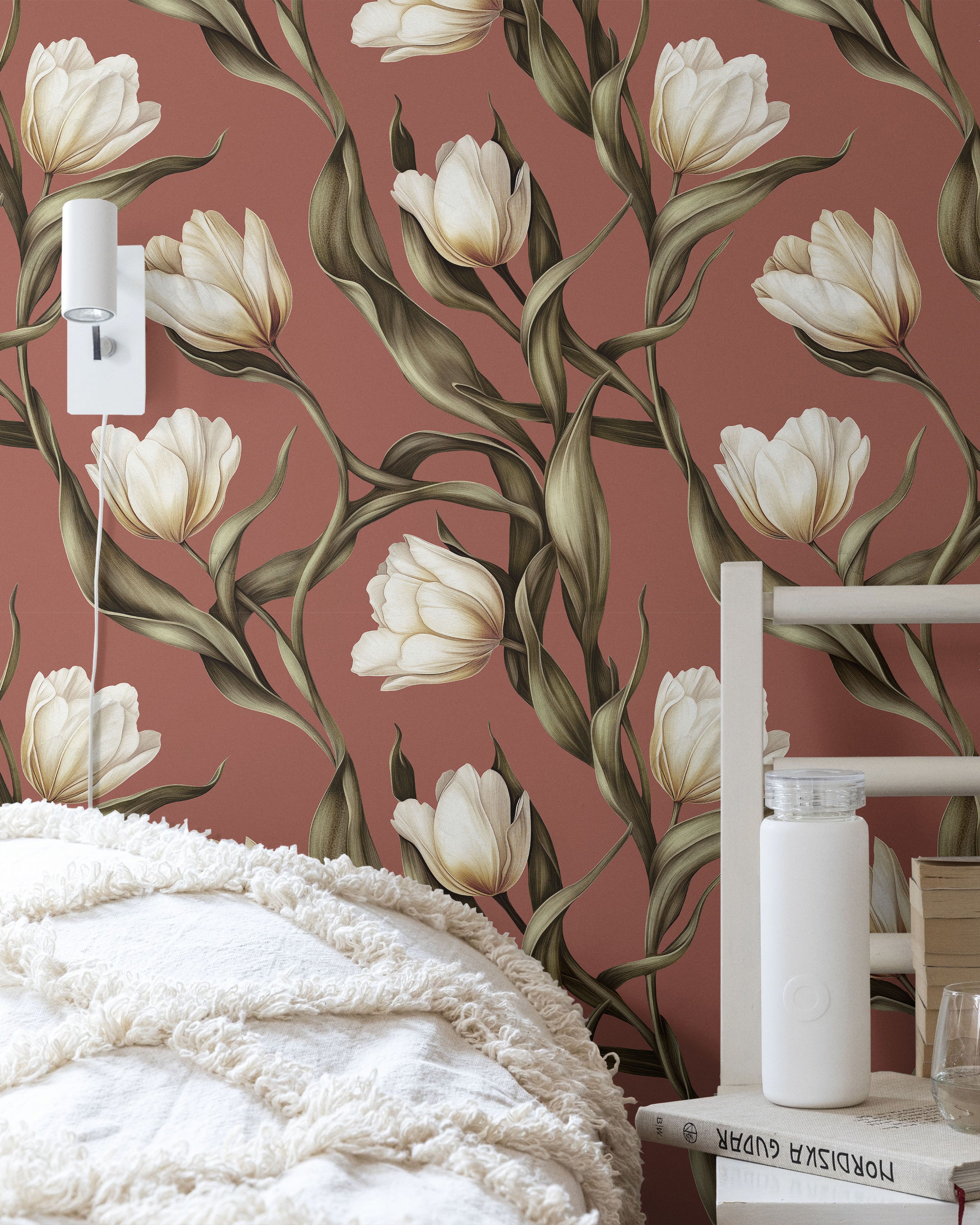 Spring Tulips Peel and Stick Wallpaper, Removable Wallpaper, Traditional Wallpaper - Rustic Browm | DeccoPrint