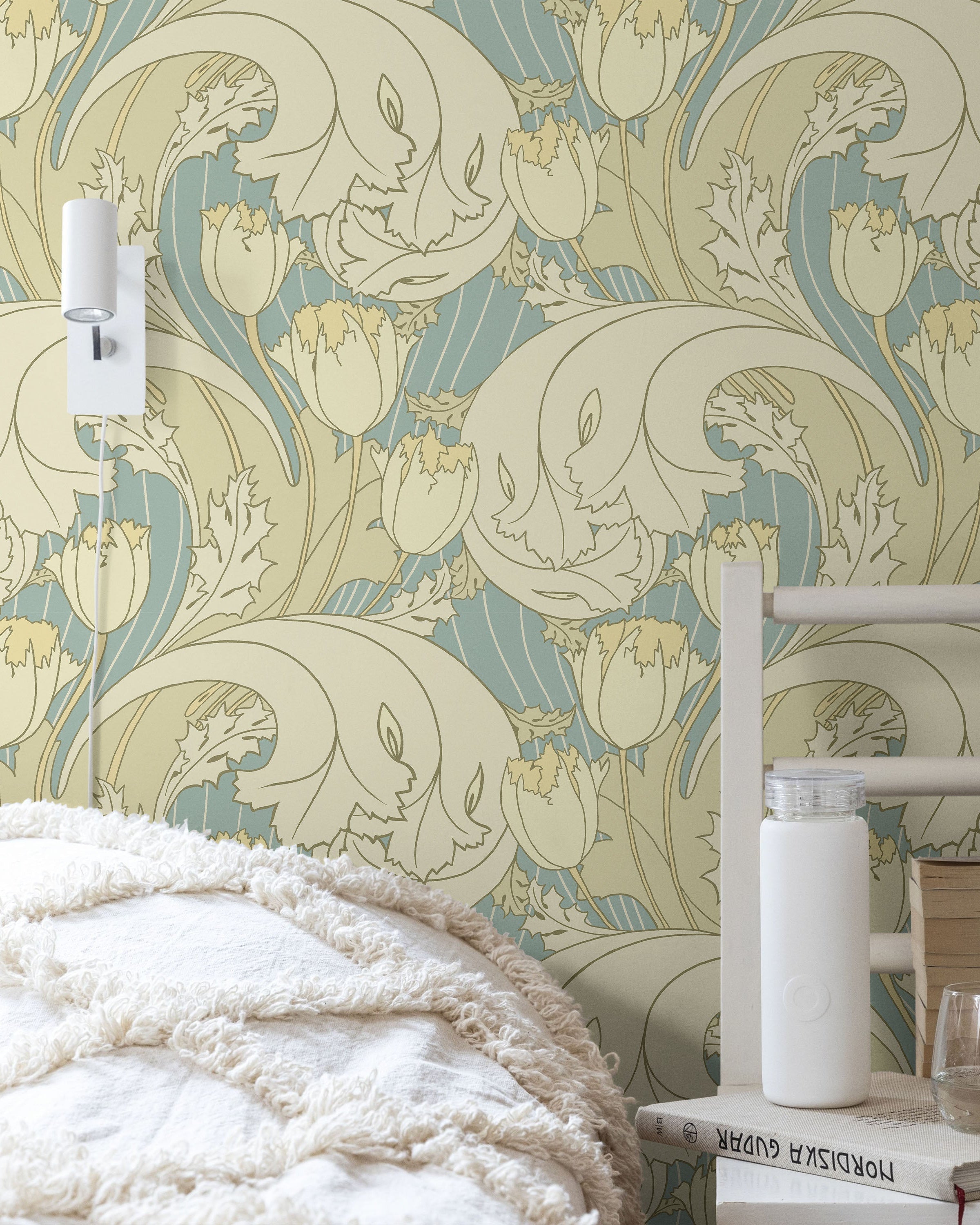 C.F.A. Voysey x Tulips Peel and Stick Wallpaper, Removable Wallpaper, Traditional Wallpaper - Faded Blue | DeccoPrint