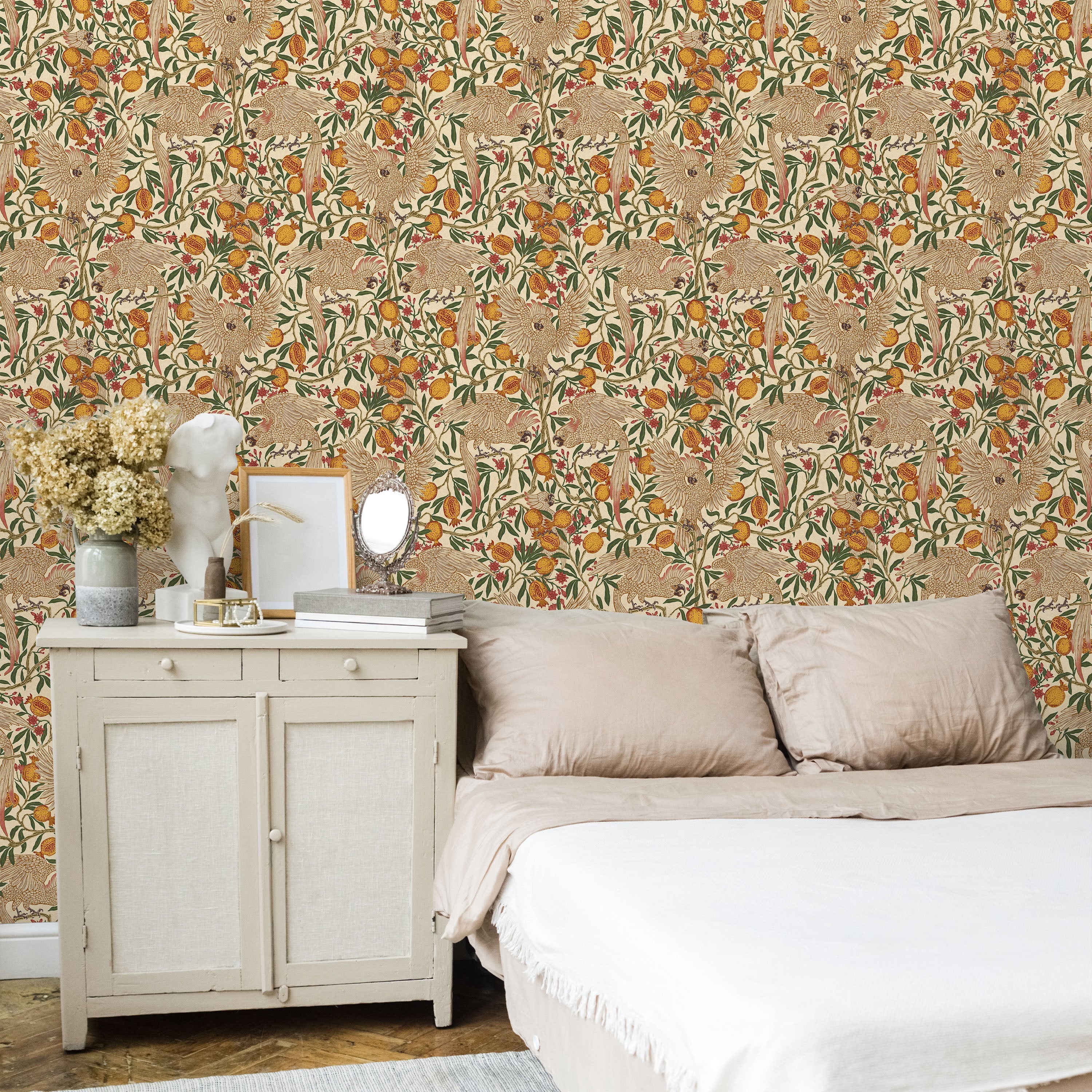 Walter Crane x Cockatoo and Pomegranate Peel and Stick Wallpaper, Removable Wallpaper, Traditional Wallpaper - Soft Beige | DeccoPrint