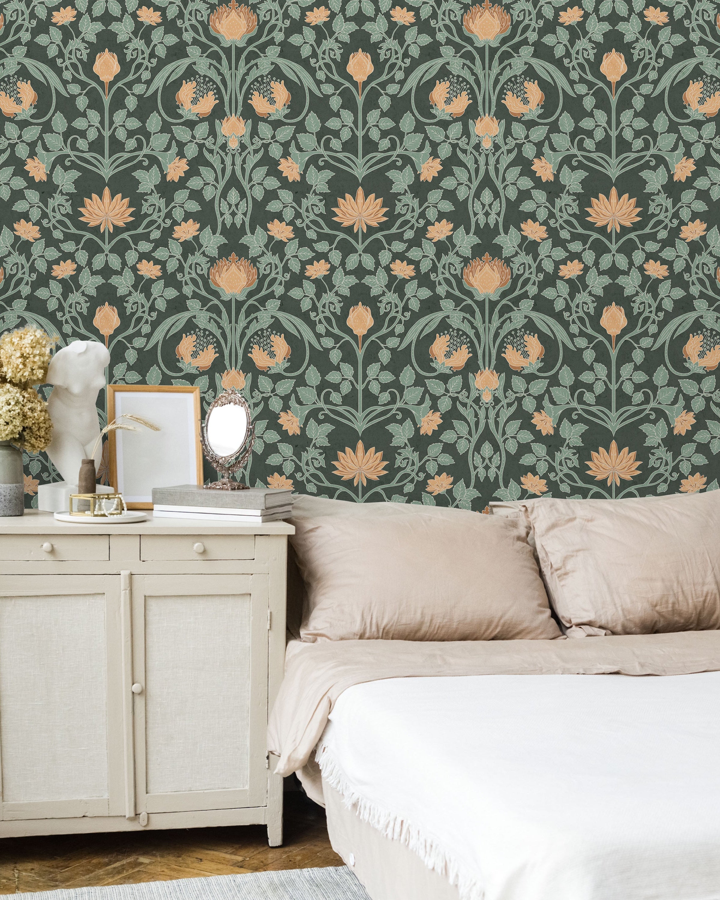 Art Nouveau Peel and Stick Wallpaper, Removable Wallpaper, Traditional Wallpaper - Forest Green | DeccoPrint