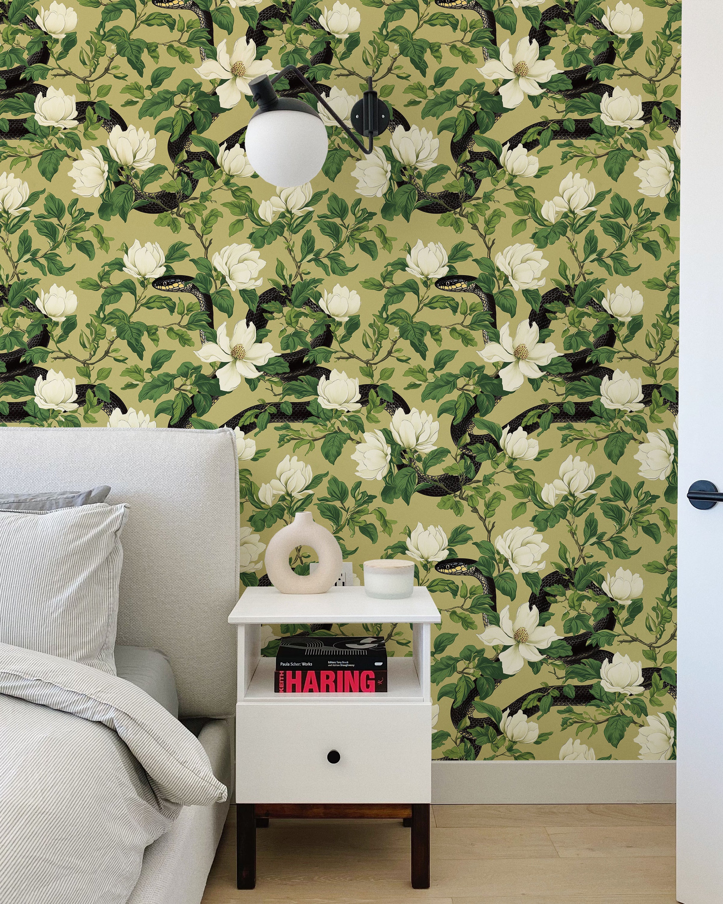 Snakes in Foliage Peel and Stick Wallpaper, Removable Wallpaper, Traditional Wallpaper - Olive Green | DeccoPrint