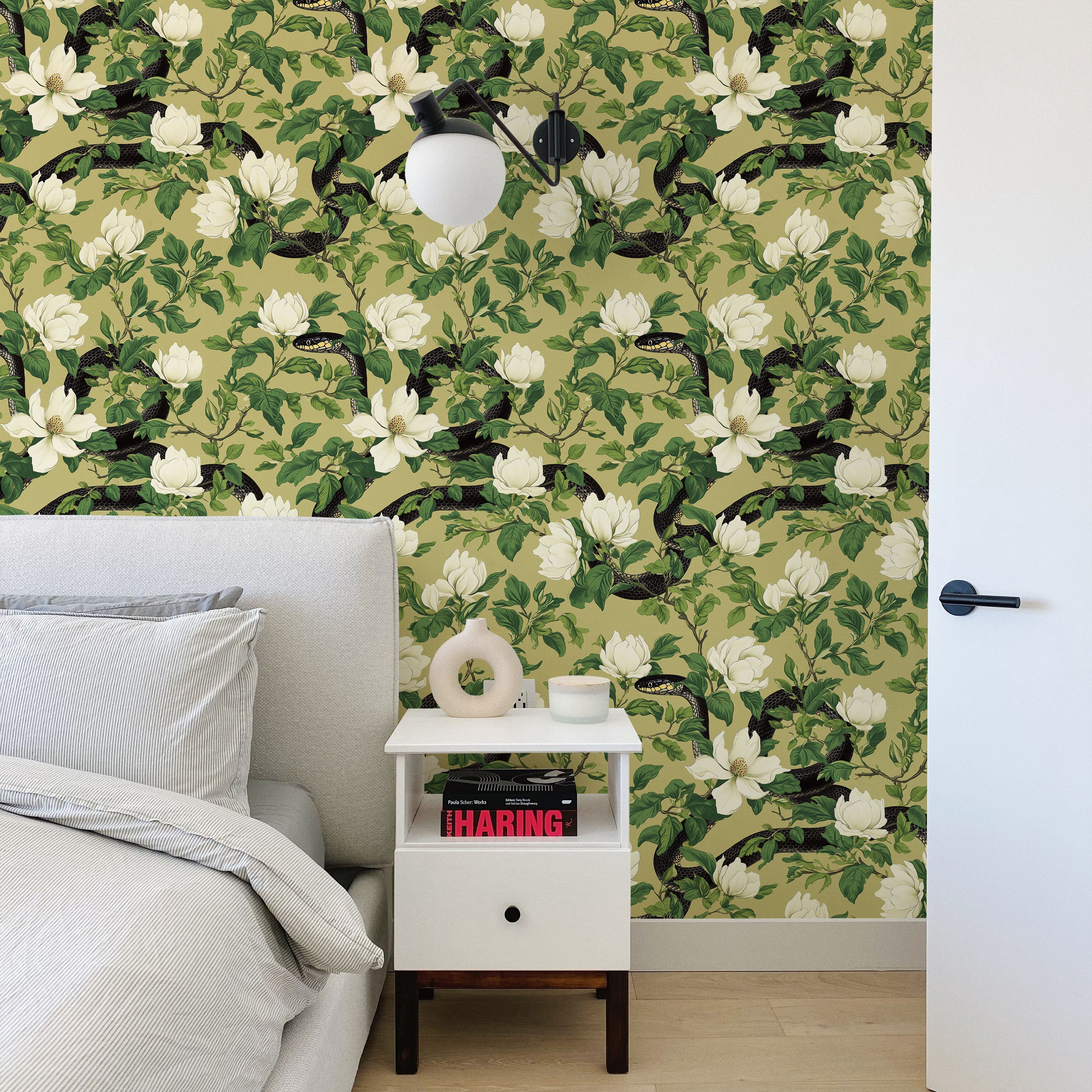 Snakes in Foliage Peel and Stick Wallpaper, Removable Wallpaper, Traditional Wallpaper - Olive Green | DeccoPrint