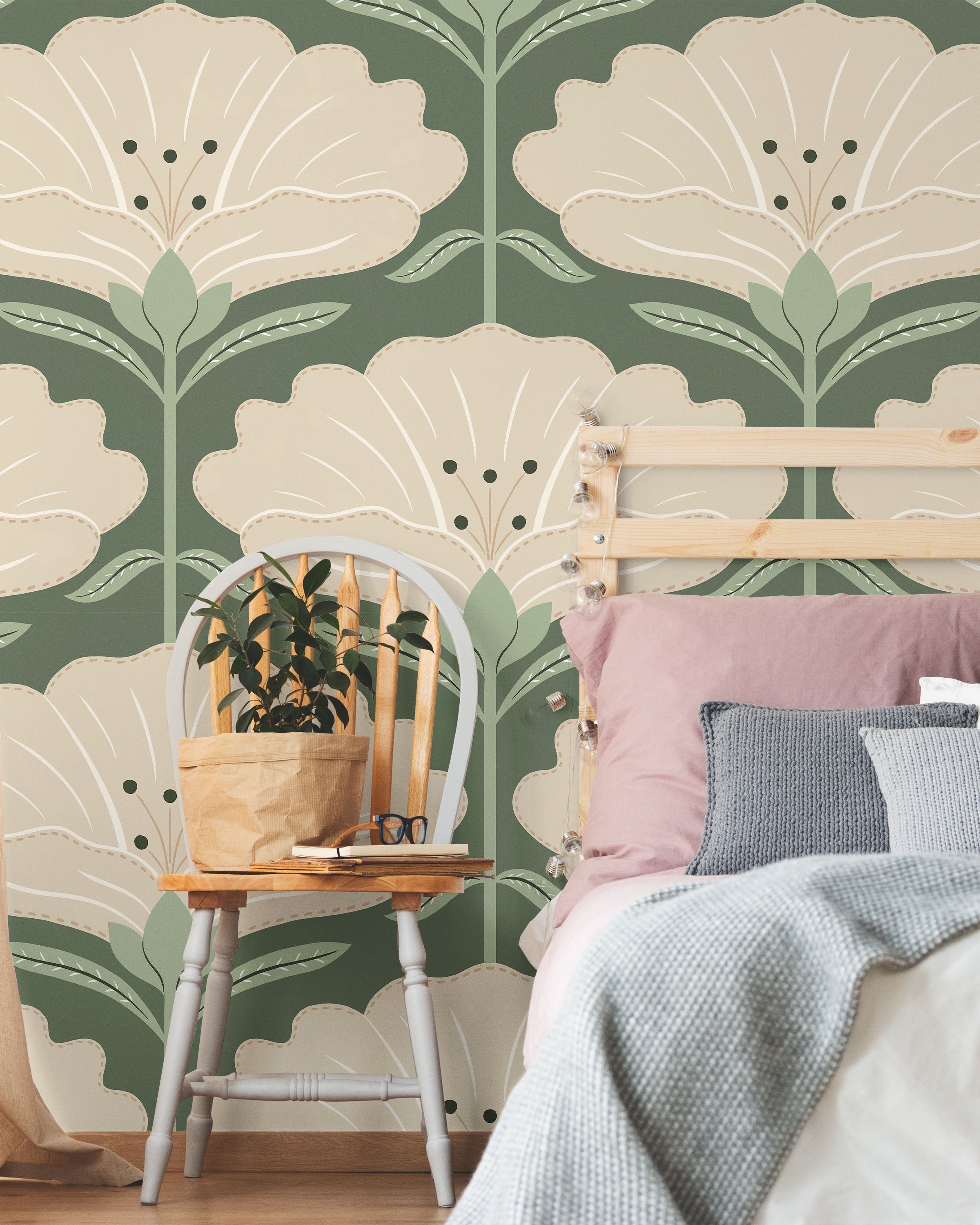 Dreamy Daisies Peel and Stick Wallpaper, Removable Wallpaper, Traditional Wallpaper - Green | DeccoPrint