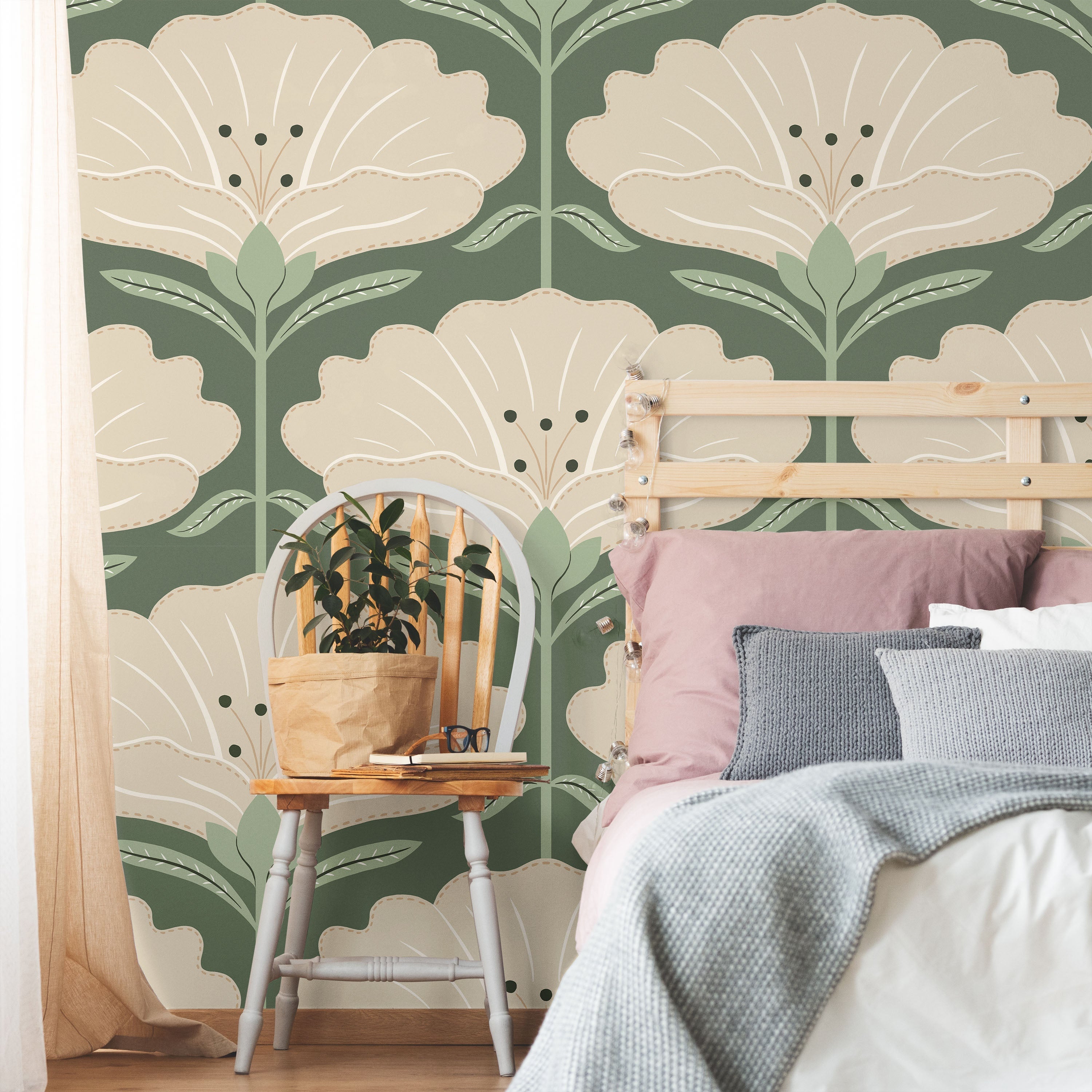 Dreamy Daisies Peel and Stick Wallpaper, Removable Wallpaper, Traditional Wallpaper - Green | DeccoPrint