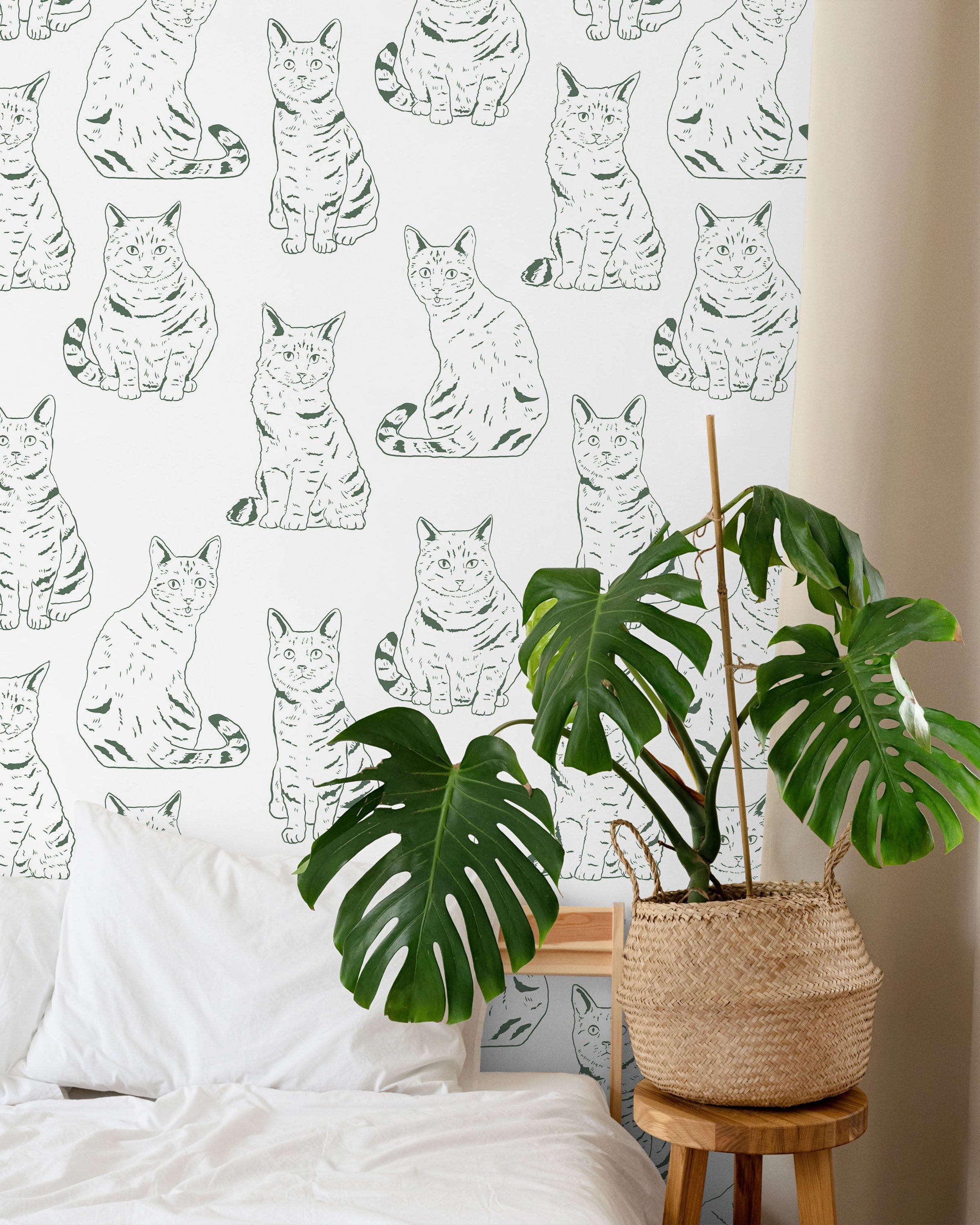 Those Cats Peel and Stick Wallpaper, Removable Wallpaper, Traditional Wallpaper - Green | DeccoPrint