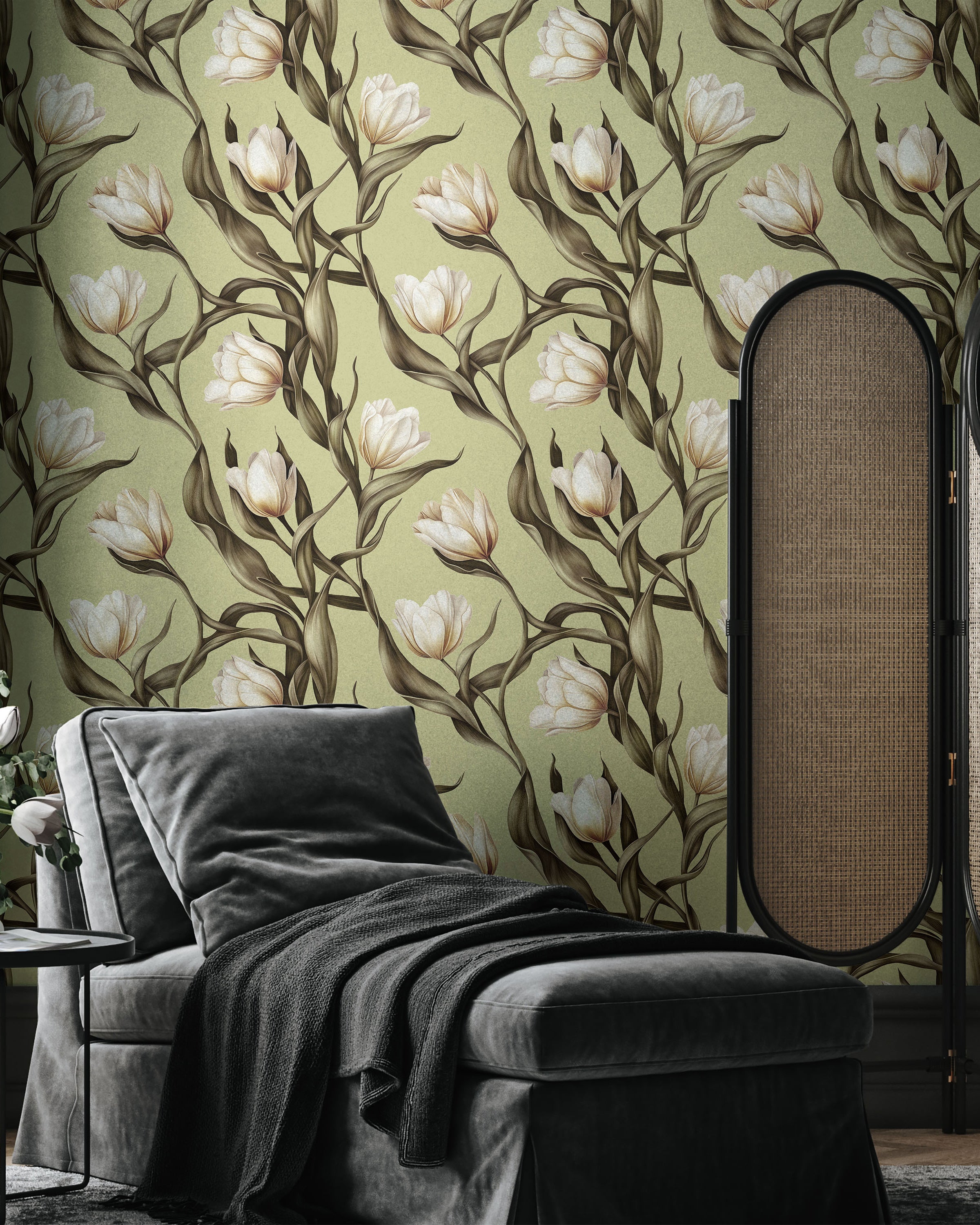 Spring Tulips Peel and Stick Wallpaper, Removable Wallpaper, Traditional Wallpaper - Sage Green | DeccoPrint