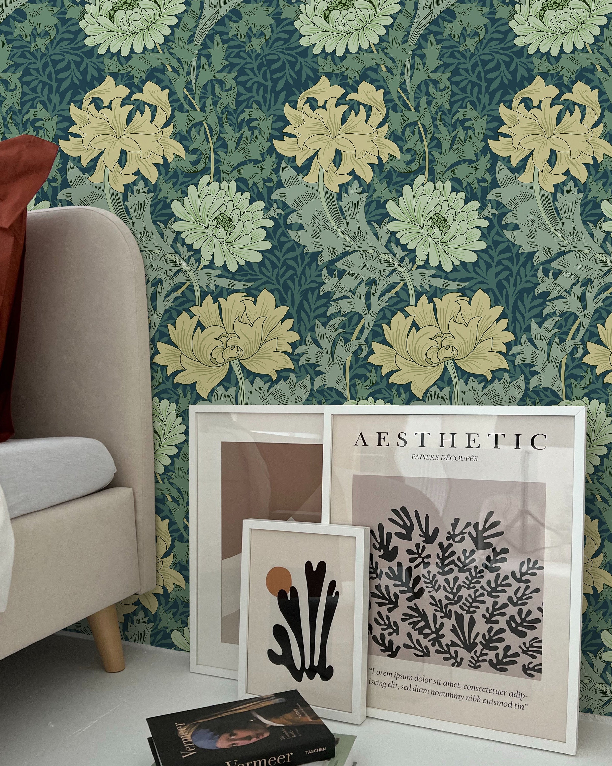 William Morris X Chrysanthemum Peel and Stick Wallpaper, Removable Wallpaper, Traditional Wallpaper - Green | DeccoPrint