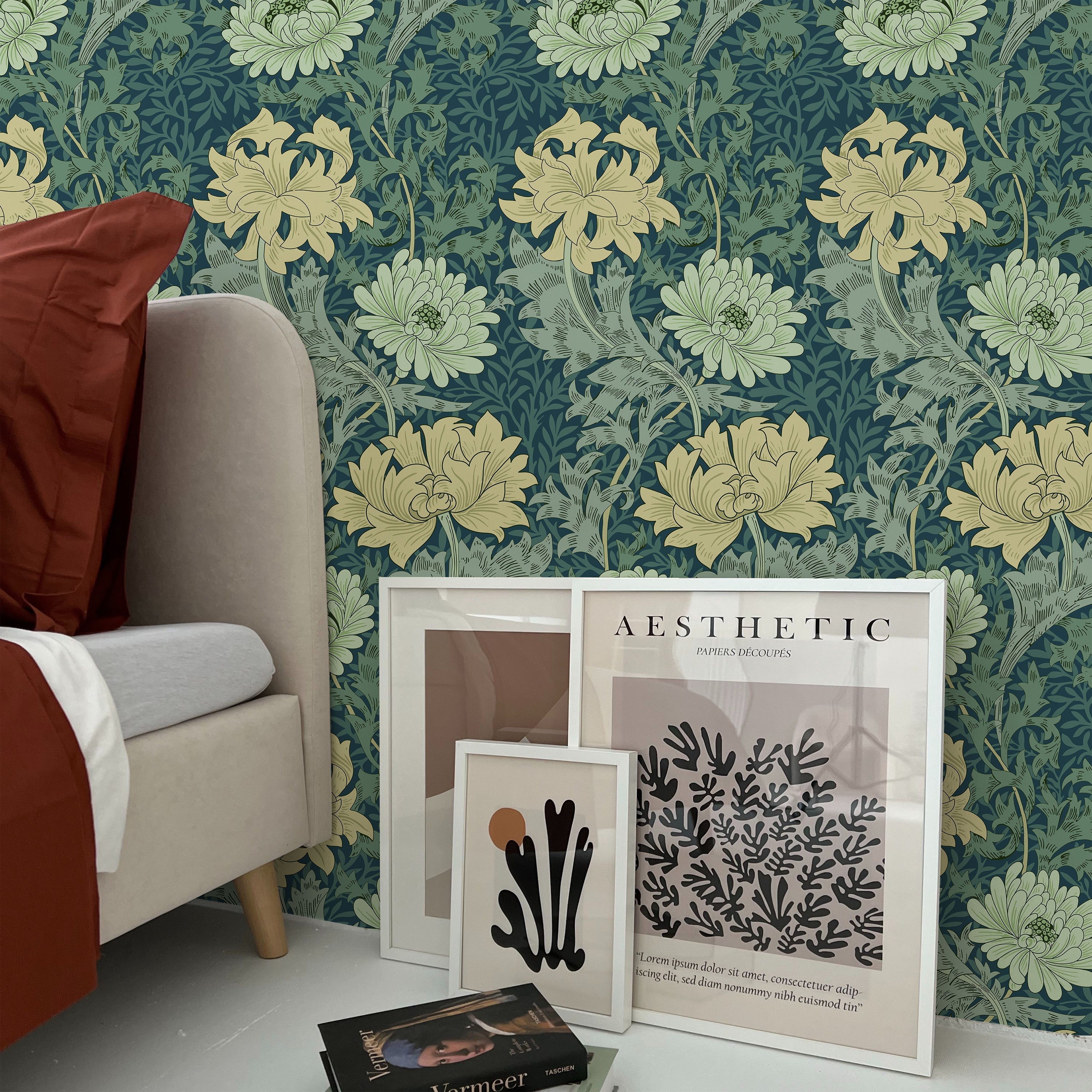 William Morris X Chrysanthemum Peel and Stick Wallpaper, Removable Wallpaper, Traditional Wallpaper - Green | DeccoPrint