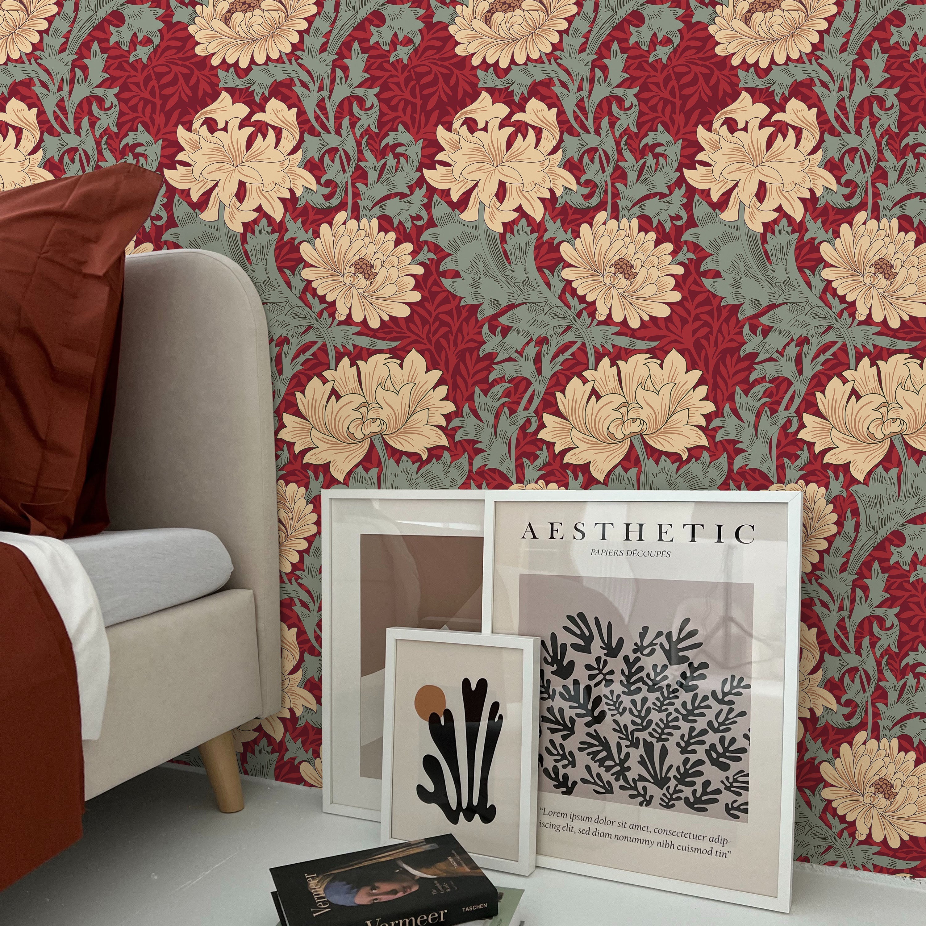 William Morris X Chrysanthemum Peel and Stick Wallpaper, Removable Wallpaper, Traditional Wallpaper - Red | DeccoPrint
