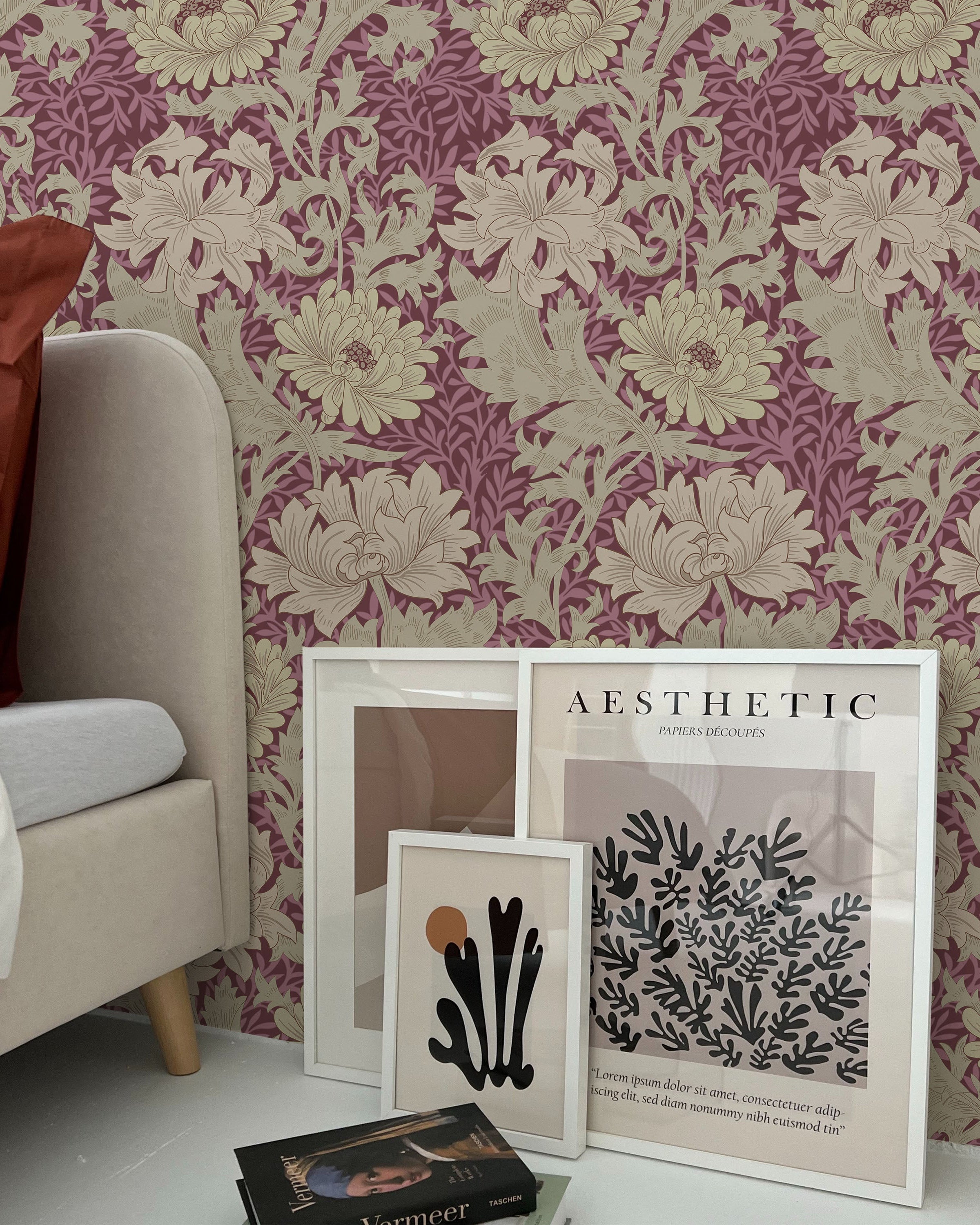 William Morris X Chrysanthemum Peel and Stick Wallpaper, Removable Wallpaper, Traditional Wallpaper - Wine | DeccoPrint