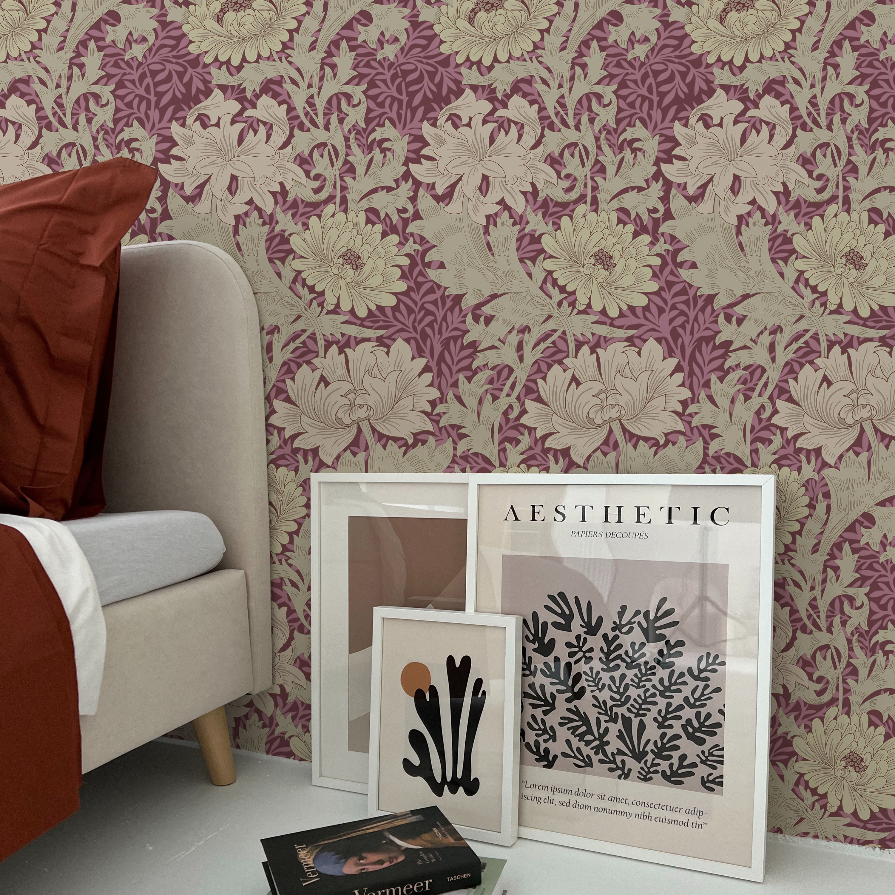 William Morris X Chrysanthemum Peel and Stick Wallpaper, Removable Wallpaper, Traditional Wallpaper - Wine | DeccoPrint